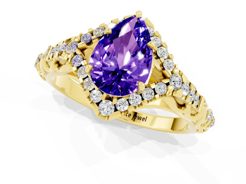Yellow gold Pear Cut Tanzanite Solitaire Ring with Hidden Halo and Pavé Band_37