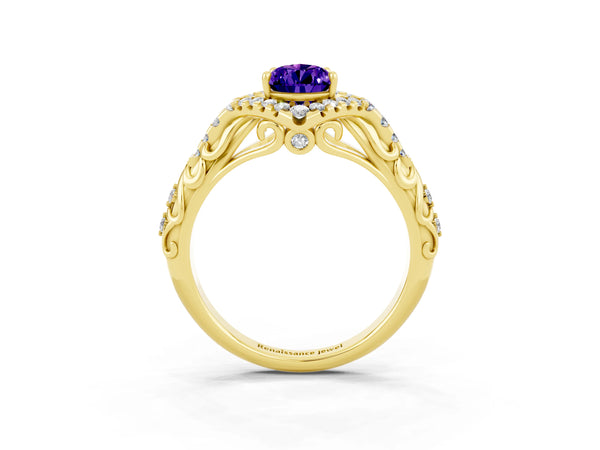 Yellow gold Pear Cut Tanzanite Solitaire Ring with Hidden Halo and Pavé Band