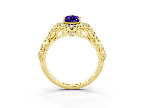 Yellow gold Pear Cut Tanzanite Solitaire Ring with Hidden Halo and Pavé Band_39