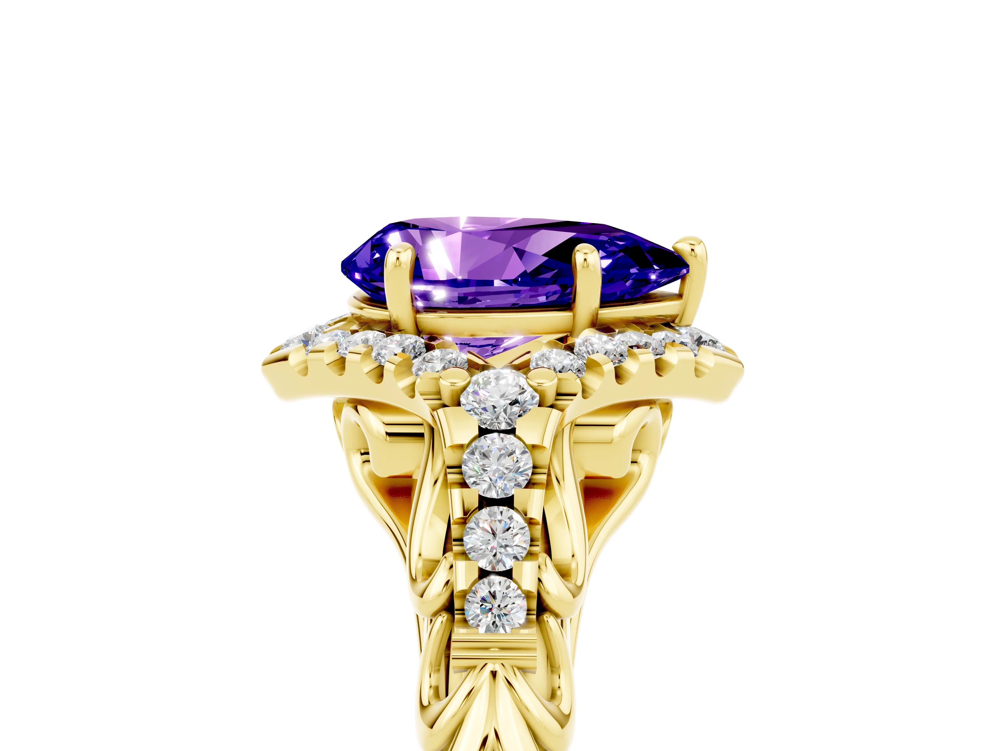 Yellow gold Pear Cut Tanzanite Solitaire Ring with Hidden Halo and Pavé Band_41