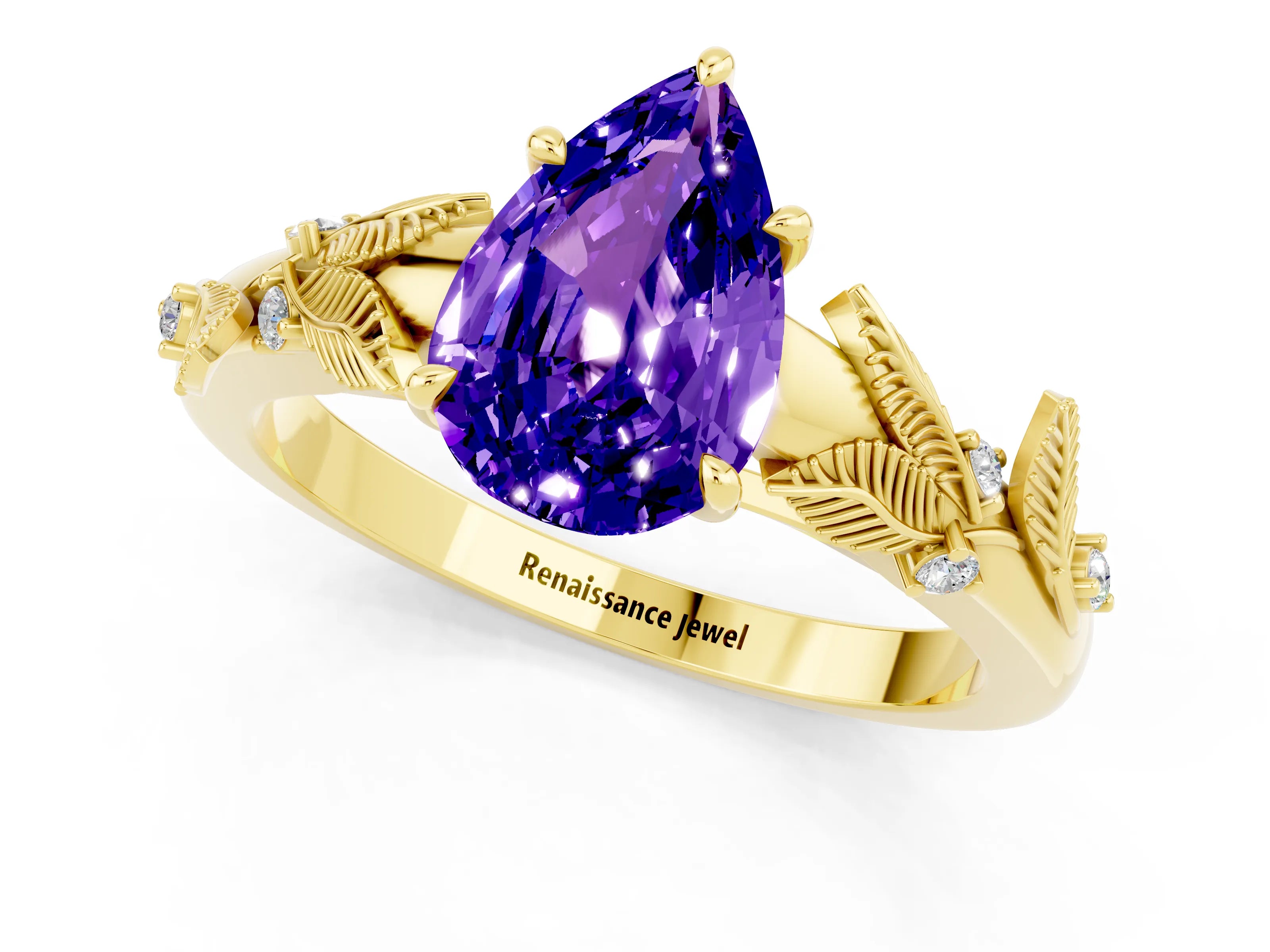 Yellow gold Pear Cut Tanzanite Solitaire Ring with Leaf Motif Band and Four-Prong Setting_1