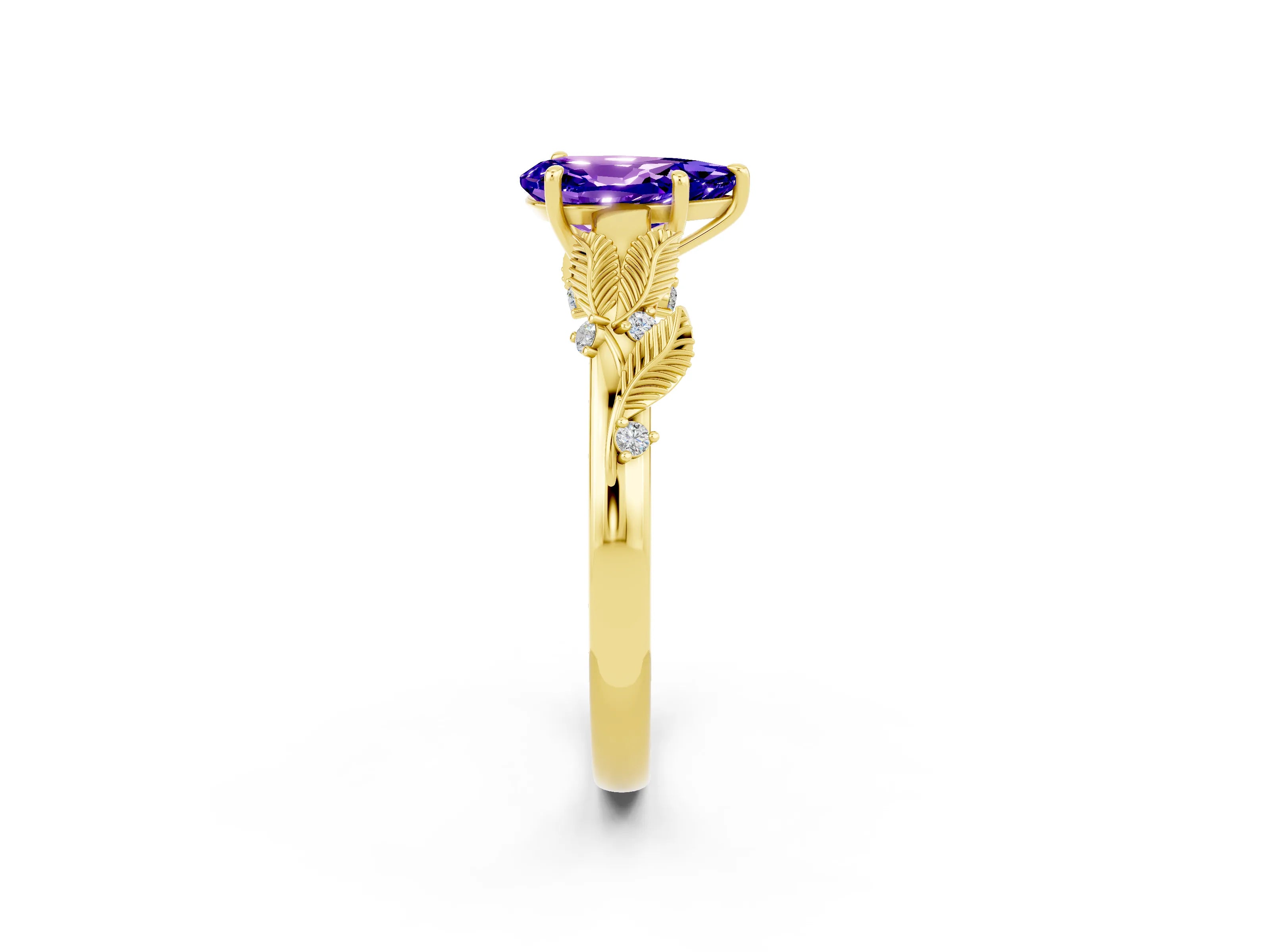 Yellow gold Pear Cut Tanzanite Solitaire Ring with Leaf Motif Band and Four-Prong Setting_2