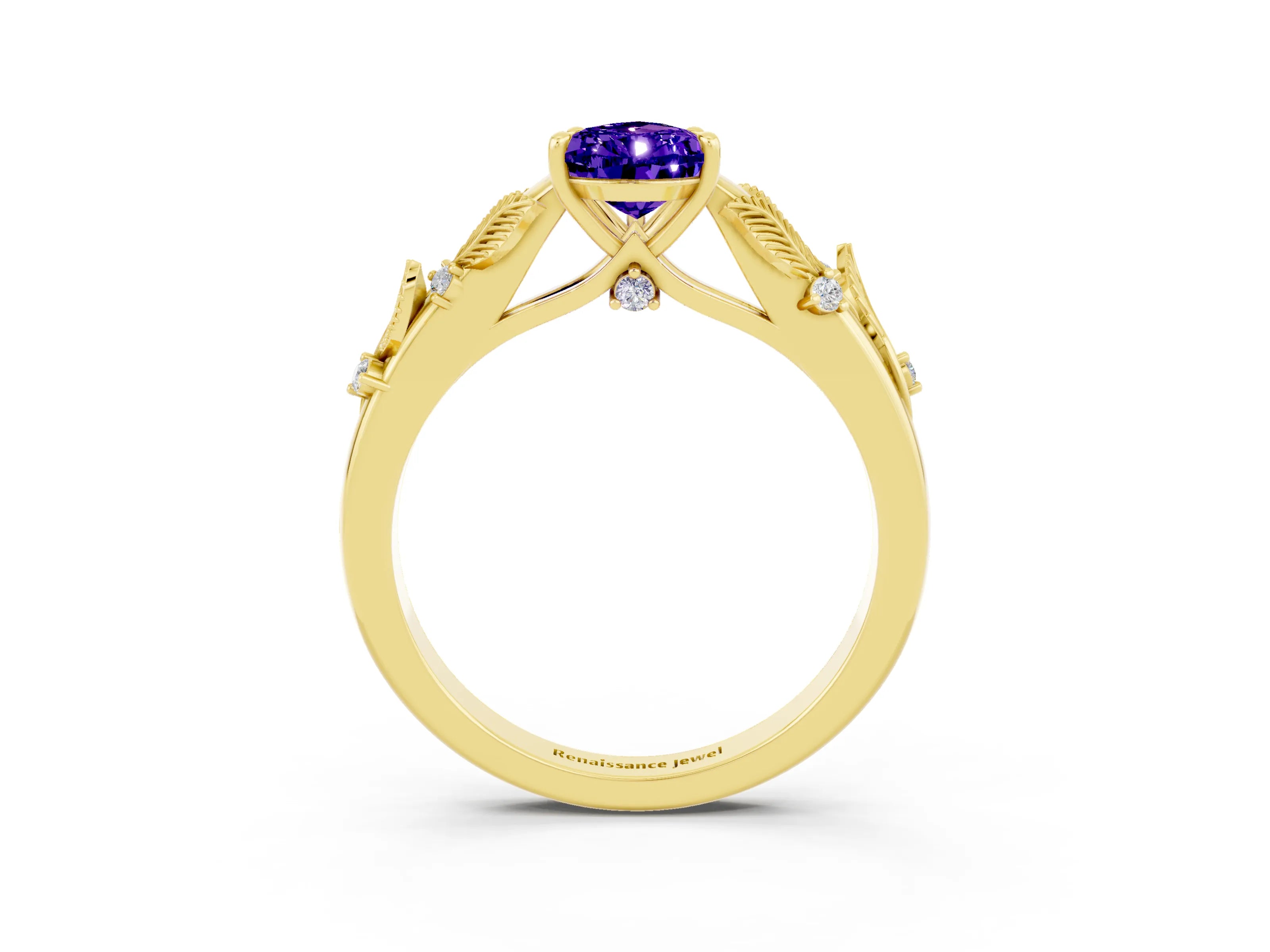Yellow gold Pear Cut Tanzanite Solitaire Ring with Leaf Motif Band and Four-Prong Setting_3