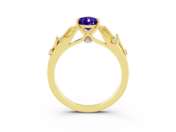 Yellow gold Pear Cut Tanzanite Solitaire Ring with Leaf Motif Band and Four-Prong Setting