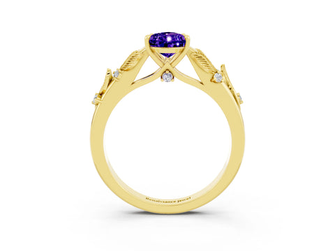Yellow gold Pear Cut Tanzanite Solitaire Ring with Leaf Motif Band and Four-Prong Setting_3