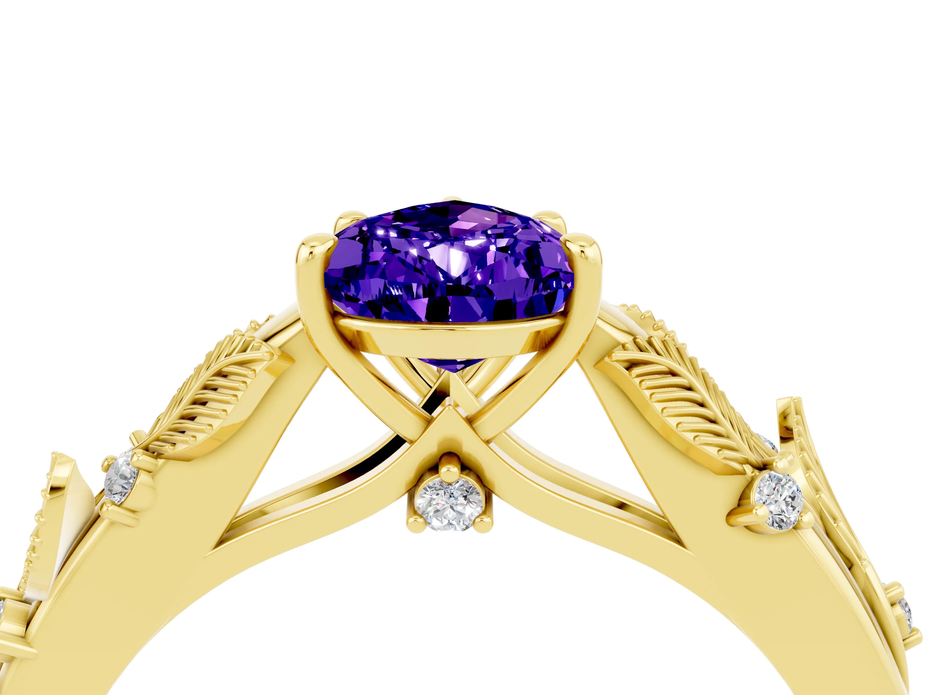 Yellow gold Pear Cut Tanzanite Solitaire Ring with Leaf Motif Band and Four-Prong Setting_4