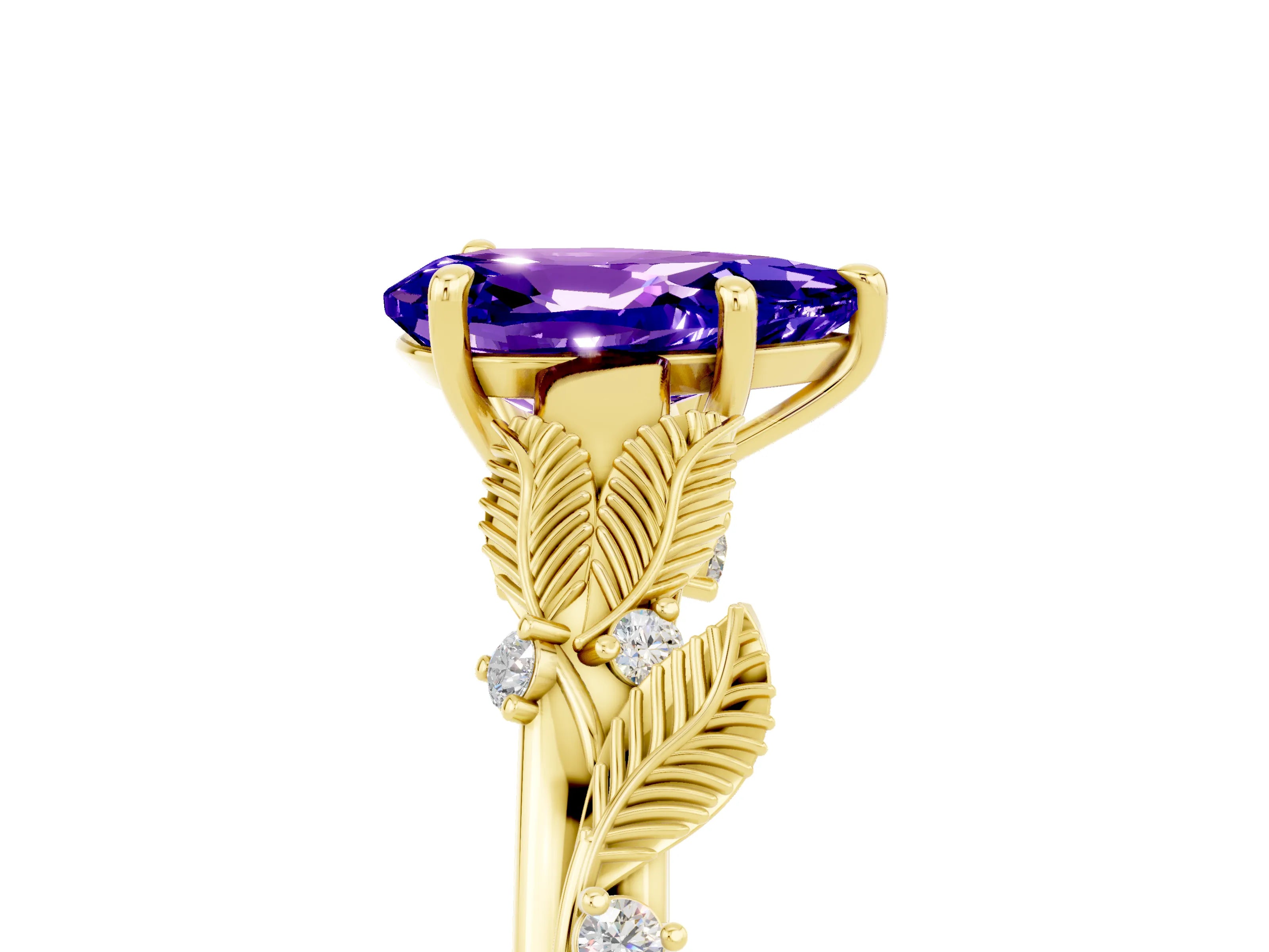 Yellow gold Pear Cut Tanzanite Solitaire Ring with Leaf Motif Band and Four-Prong Setting_5