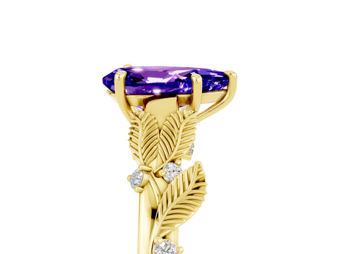Yellow gold Pear Cut Tanzanite Solitaire Ring with Leaf Motif Band and Four-Prong Setting_5