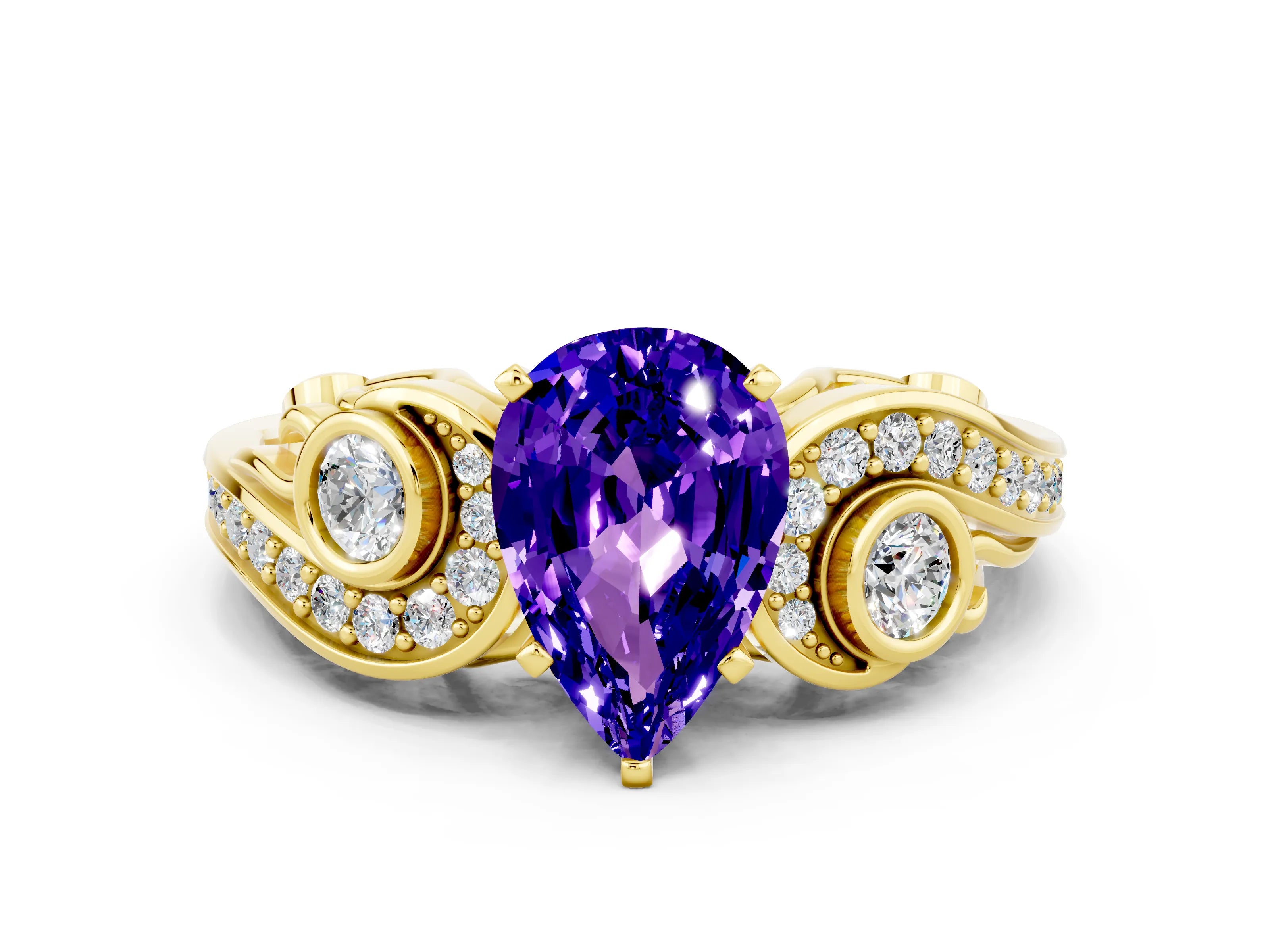 Yellow gold Pear Cut Tanzanite Solitaire Ring with Milgrain Pavé Band and Four-Prong Setting_24