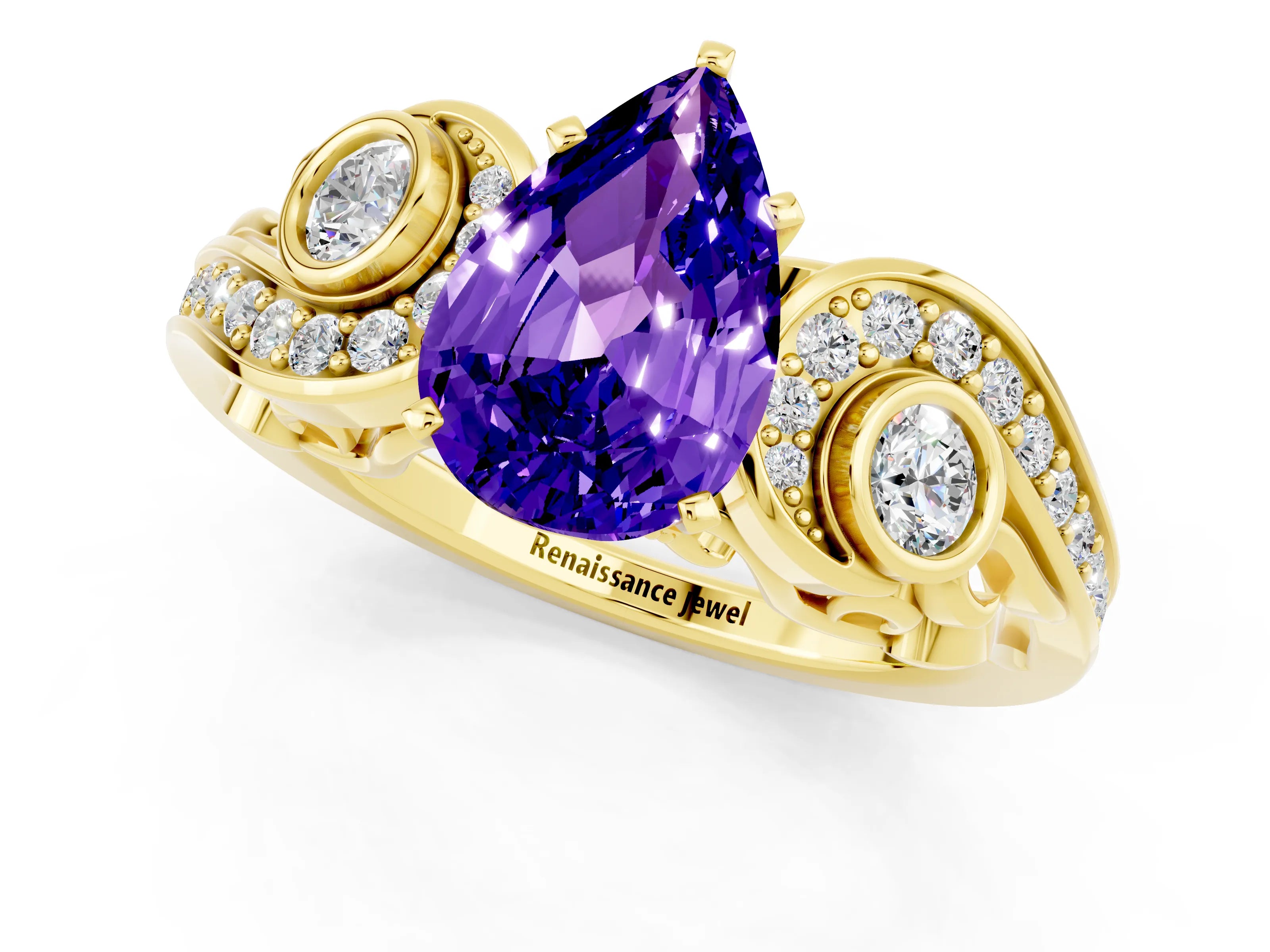 Yellow gold Pear Cut Tanzanite Solitaire Ring with Milgrain Pavé Band and Four-Prong Setting_25
