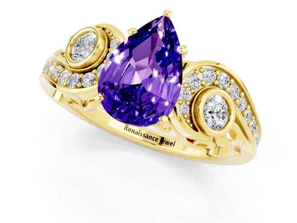 Yellow gold Pear Cut Tanzanite Solitaire Ring with Milgrain Pavé Band and Four-Prong Setting