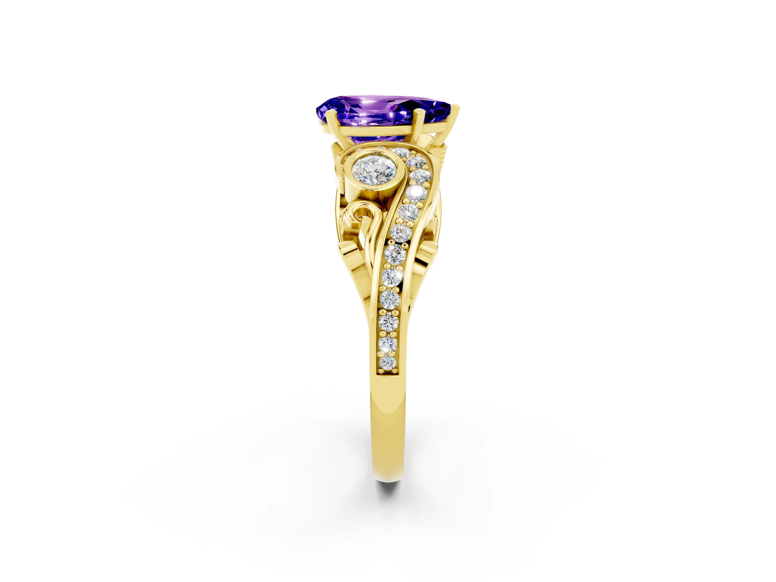 Yellow gold Pear Cut Tanzanite Solitaire Ring with Milgrain Pavé Band and Four-Prong Setting_26