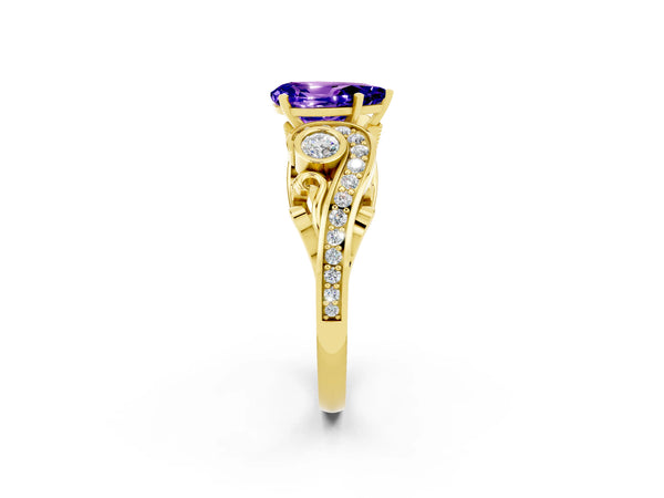 Yellow gold Pear Cut Tanzanite Solitaire Ring with Milgrain Pavé Band and Four-Prong Setting