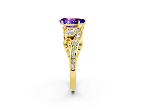 Yellow gold Pear Cut Tanzanite Solitaire Ring with Milgrain Pavé Band and Four-Prong Setting_26