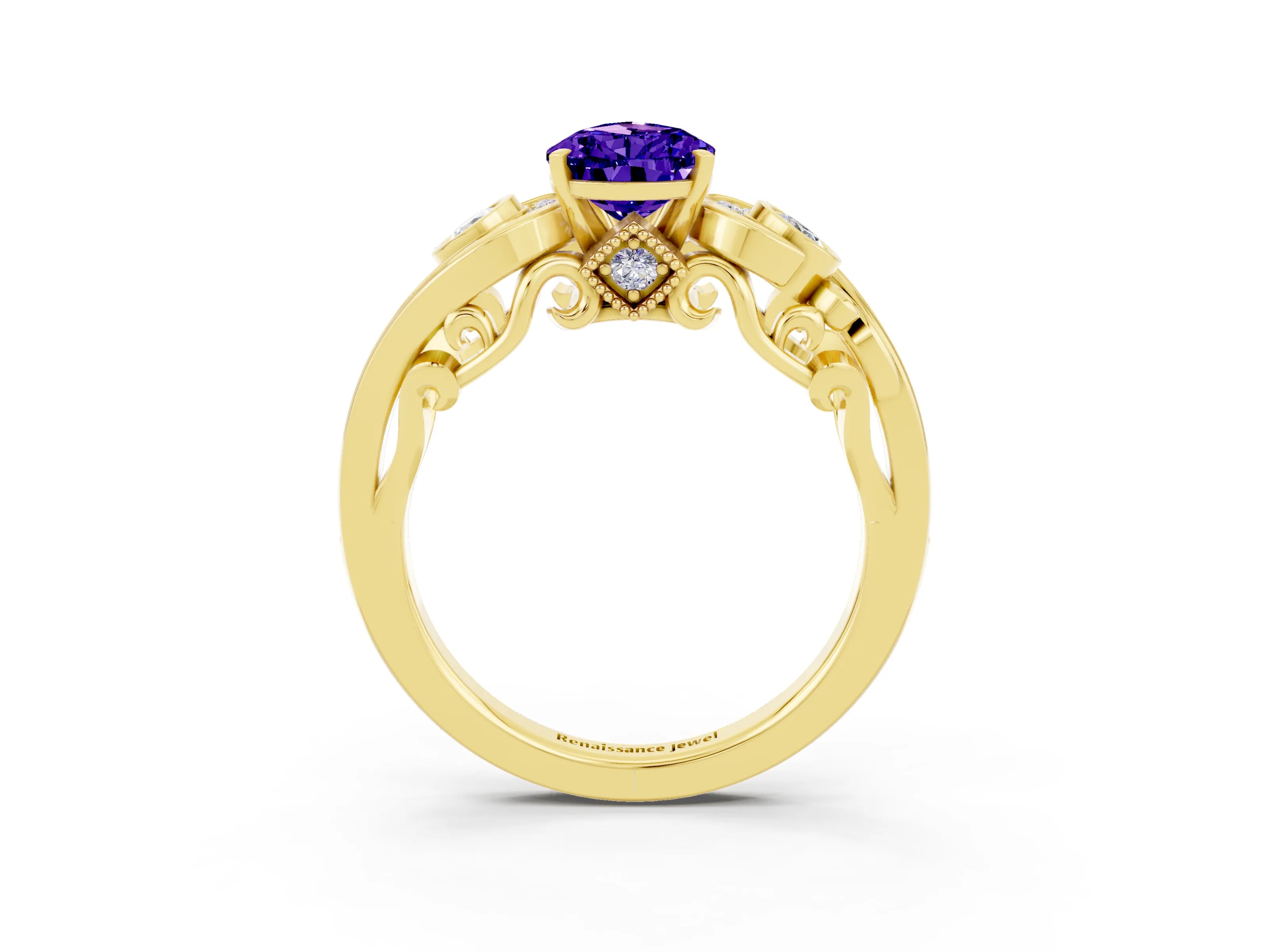 Yellow gold Pear Cut Tanzanite Solitaire Ring with Milgrain Pavé Band and Four-Prong Setting_27