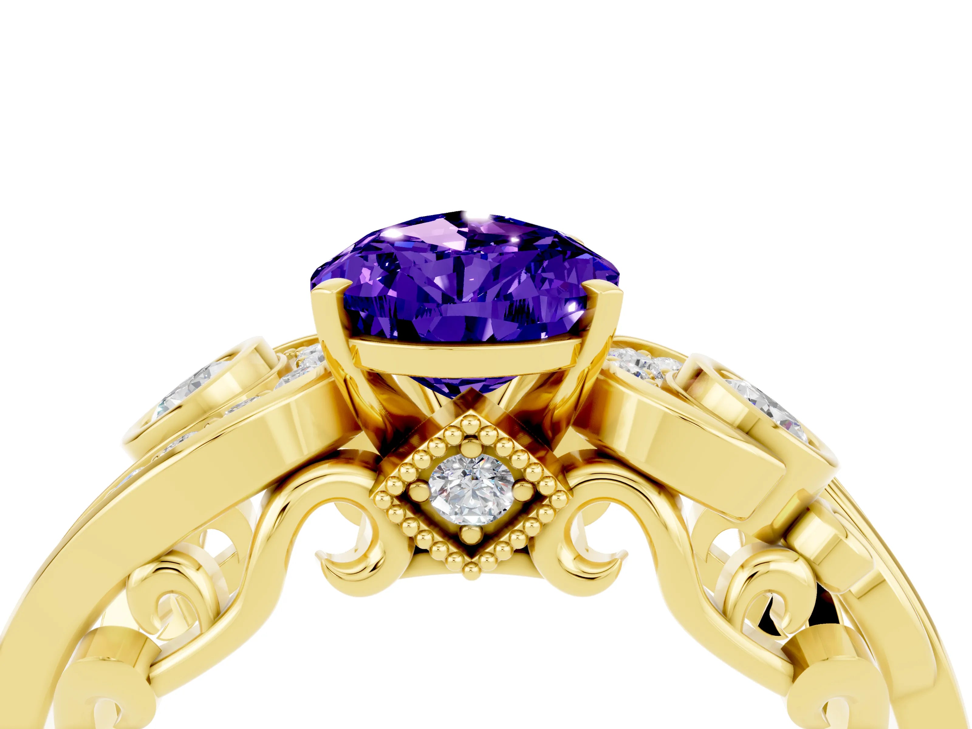 Yellow gold Pear Cut Tanzanite Solitaire Ring with Milgrain Pavé Band and Four-Prong Setting_28