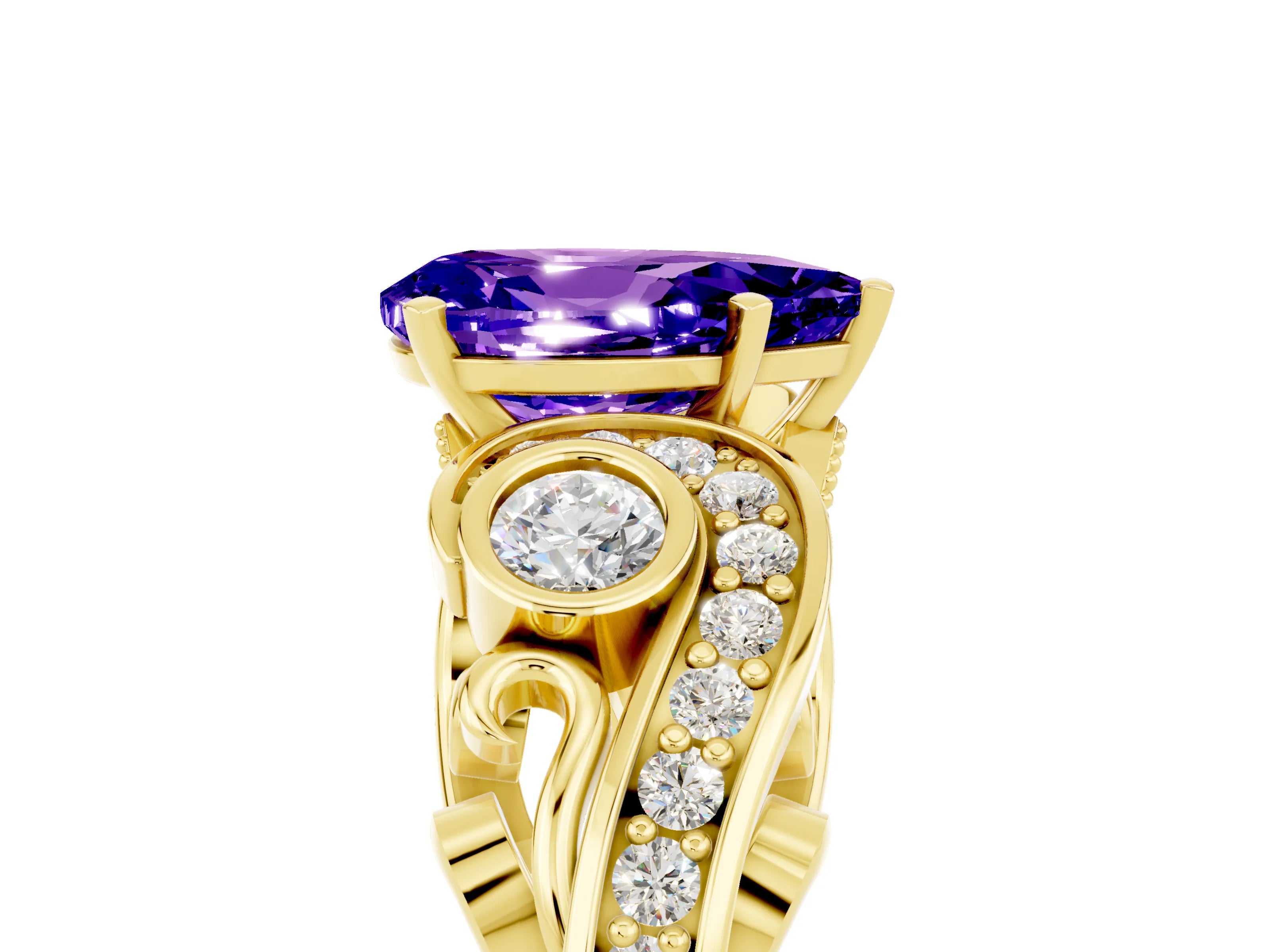 Yellow gold Pear Cut Tanzanite Solitaire Ring with Milgrain Pavé Band and Four-Prong Setting_29