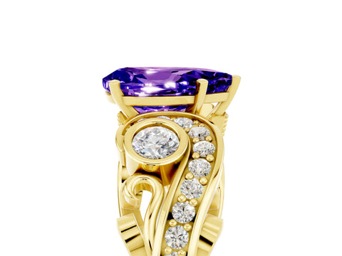 Yellow gold Pear Cut Tanzanite Solitaire Ring with Milgrain Pavé Band and Four-Prong Setting_29