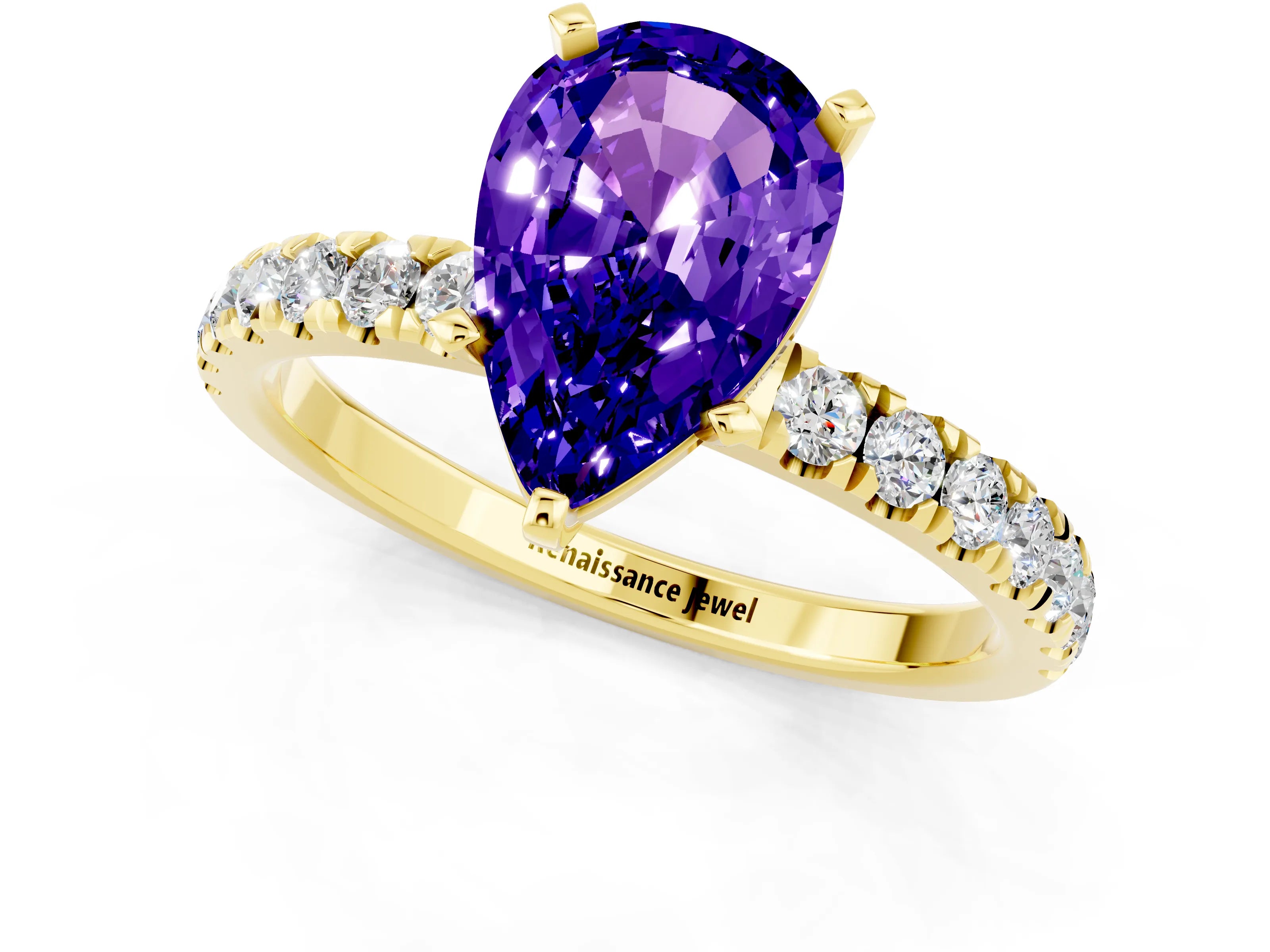 Yellow gold Pear Cut Tanzanite Solitaire Ring with Pavé Accents and Four-Prong Setting_1