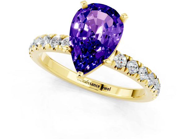 Yellow gold Pear Cut Tanzanite Solitaire Ring with Pavé Accents and Four-Prong Setting