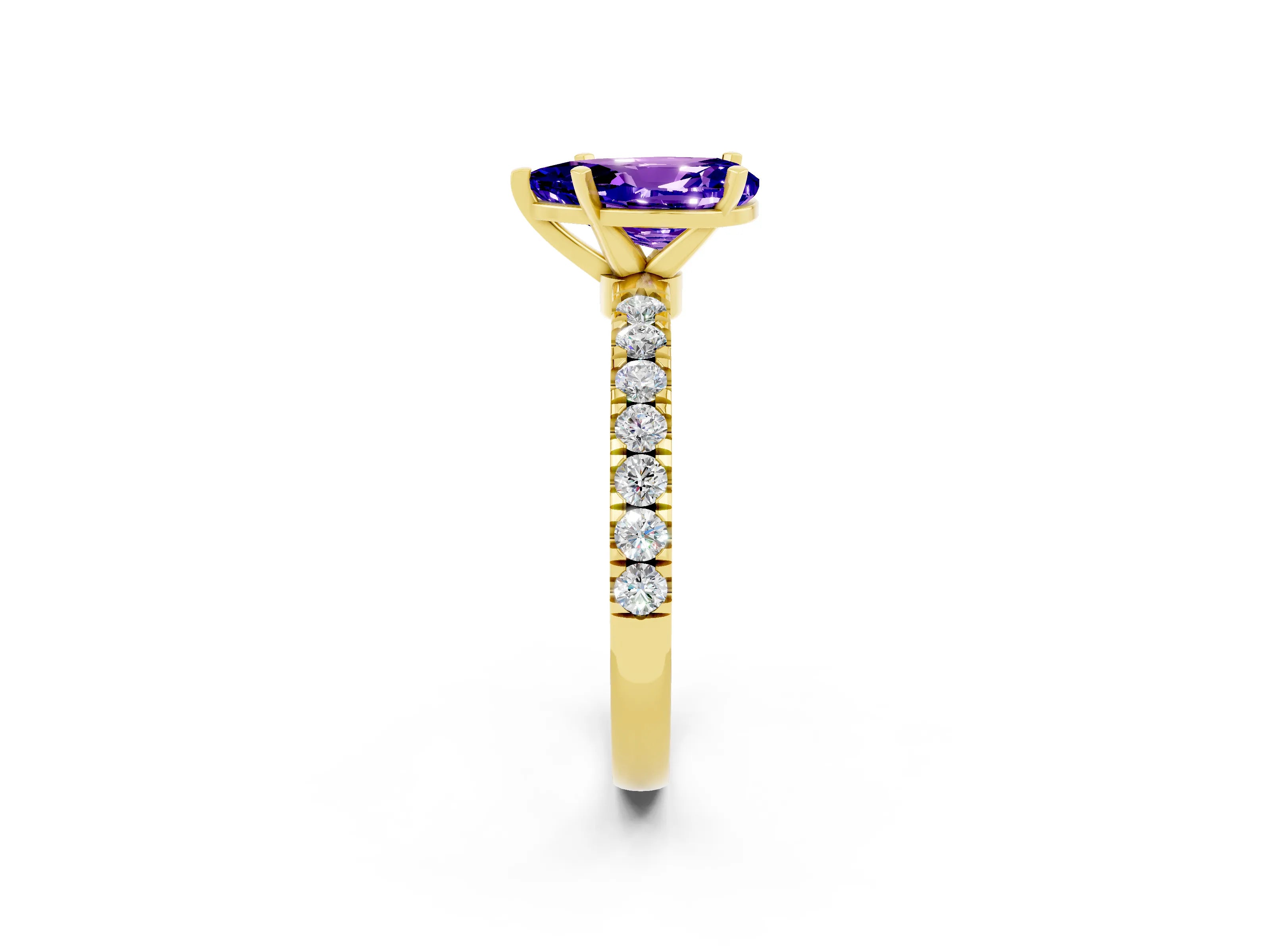 Yellow gold Pear Cut Tanzanite Solitaire Ring with Pavé Accents and Four-Prong Setting_2