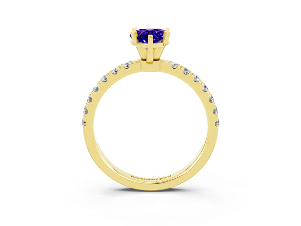 Yellow gold Pear Cut Tanzanite Solitaire Ring with Pavé Accents and Four-Prong Setting