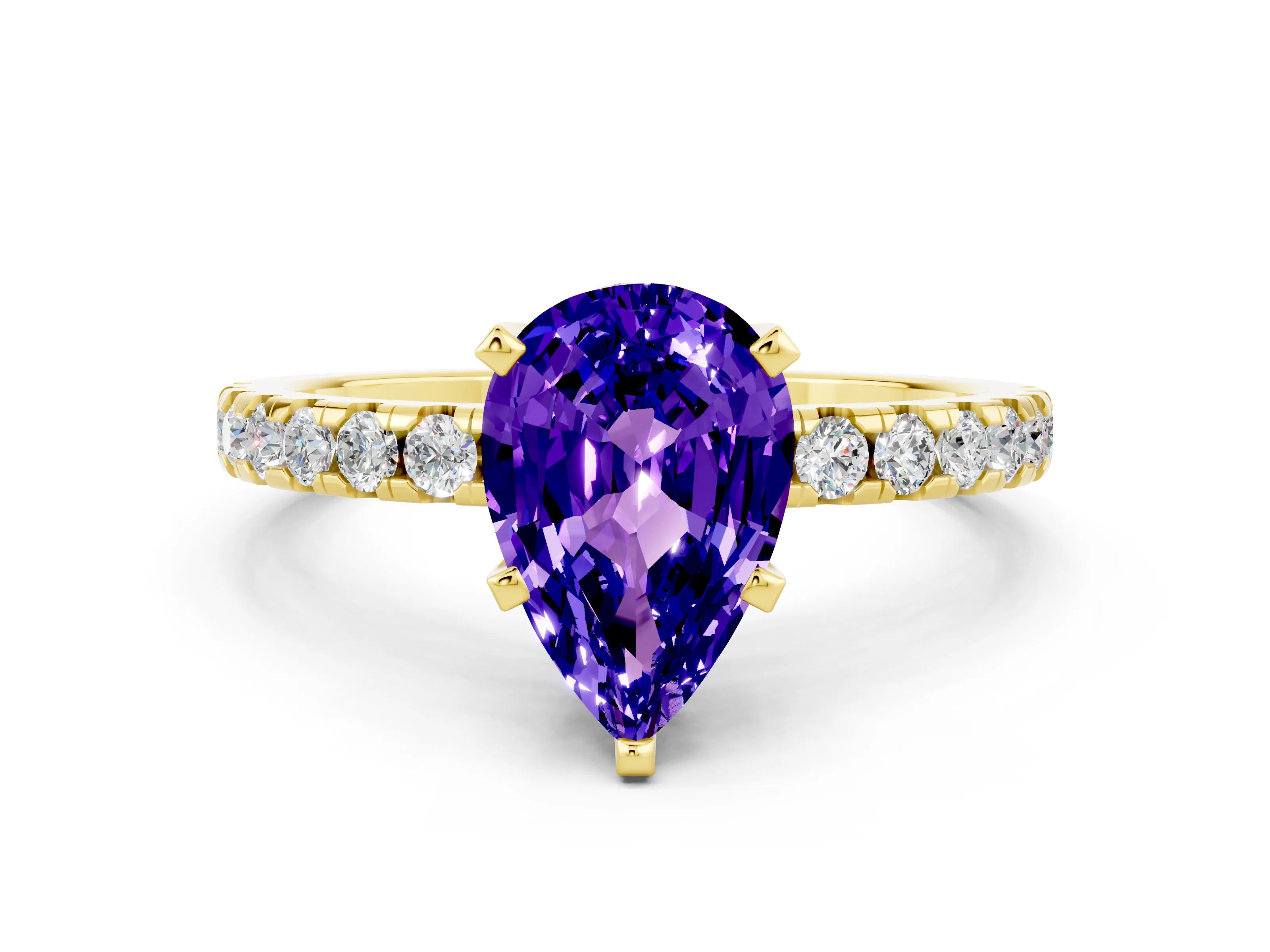 Yellow gold Pear Cut Tanzanite Solitaire Ring with Pavé Band and Four-Prong Setting_12