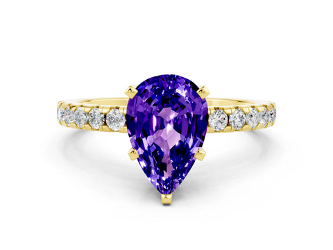 Yellow gold Pear Cut Tanzanite Solitaire Ring with Pavé Band and Four-Prong Setting_12