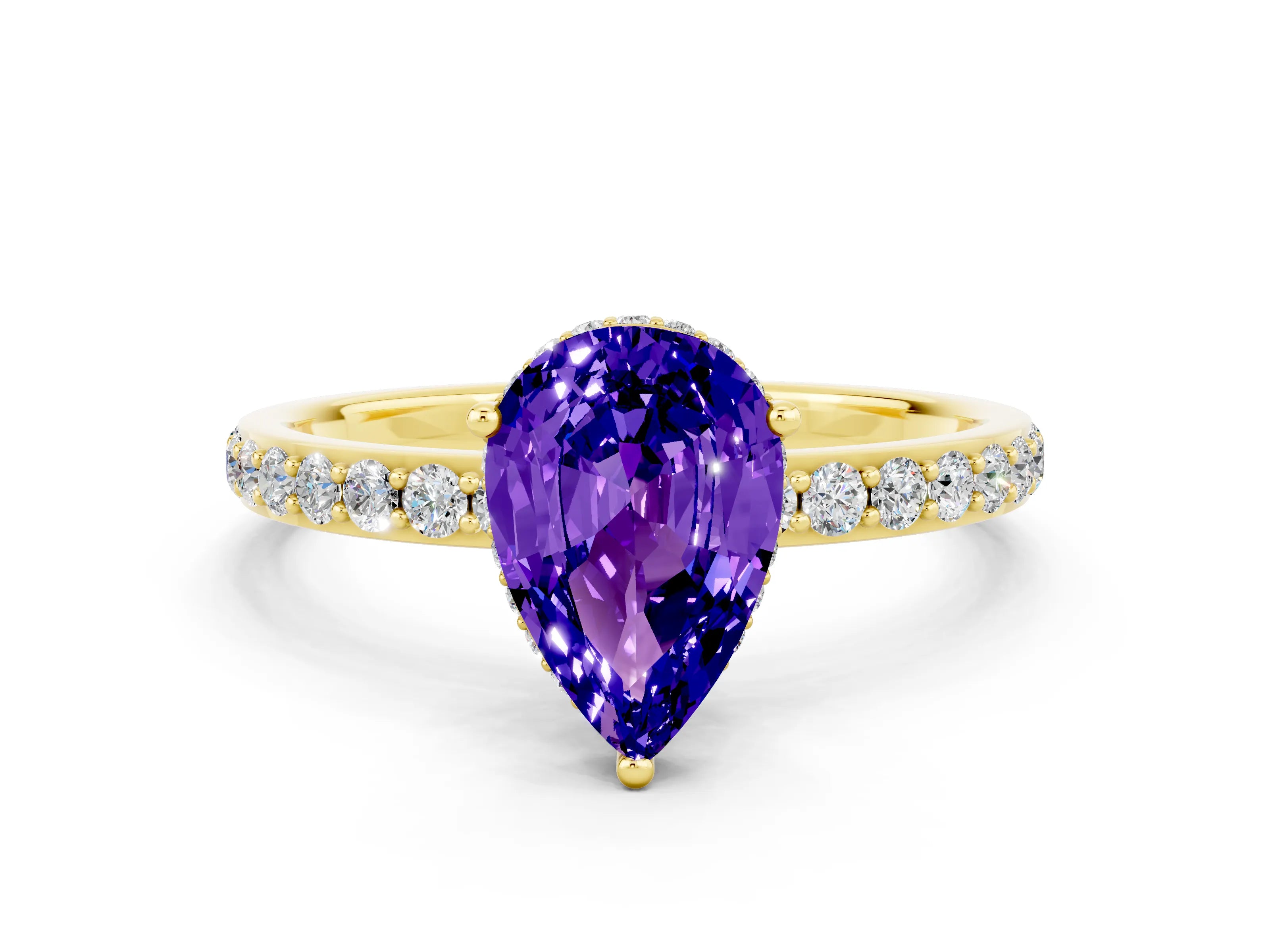 Yellow gold Pear Cut Tanzanite Solitaire Ring with Pavé Band and Hidden Halo_12