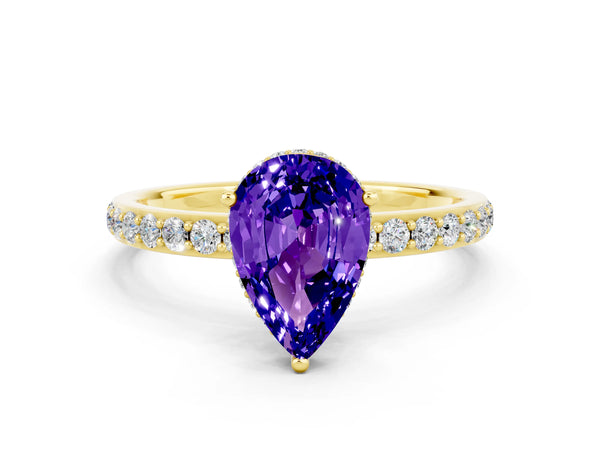 Yellow gold Pear Cut Tanzanite Solitaire Ring with Pavé Band and Hidden Halo