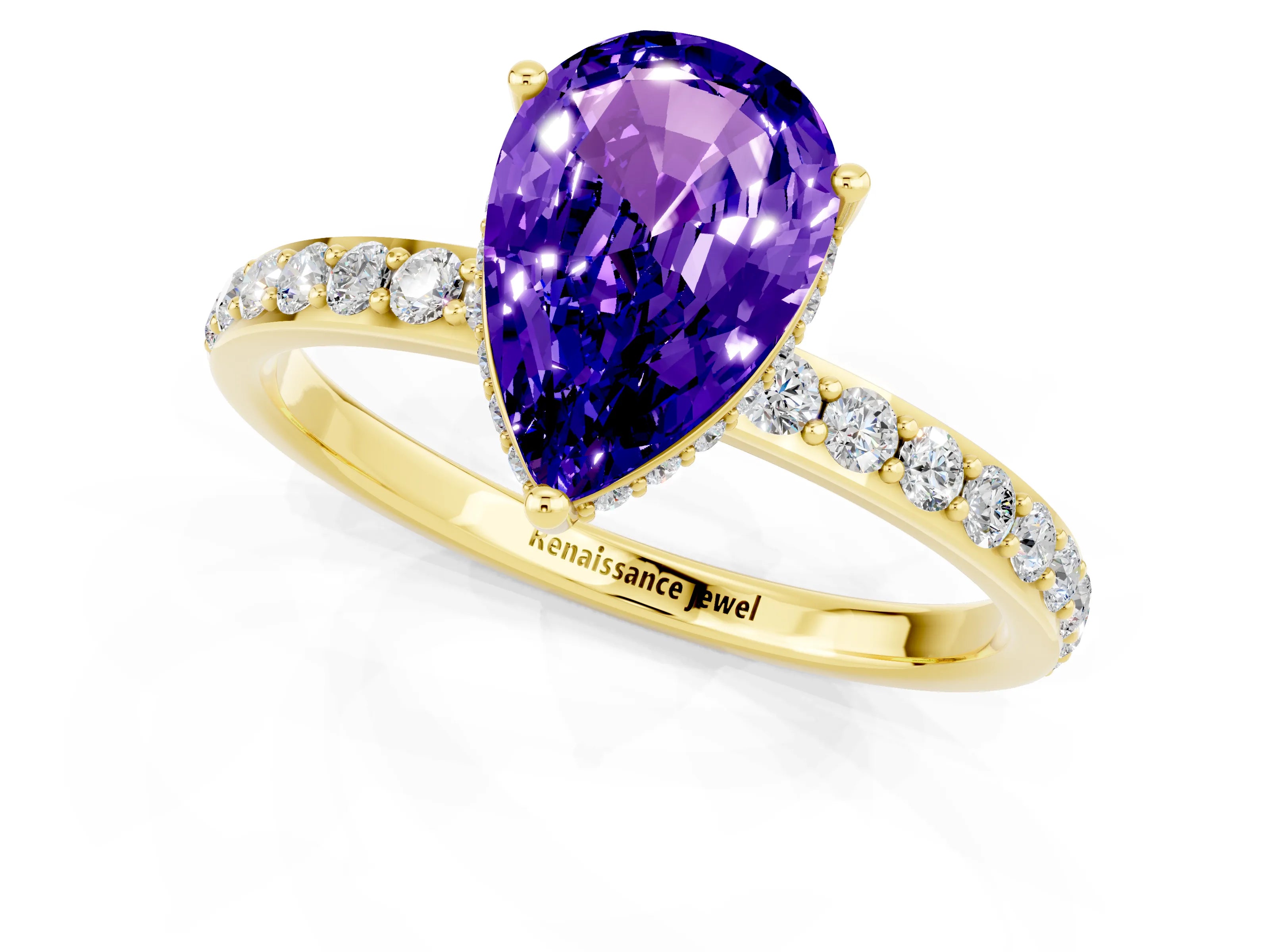 Yellow gold Pear Cut Tanzanite Solitaire Ring with Pavé Band and Hidden Halo_13