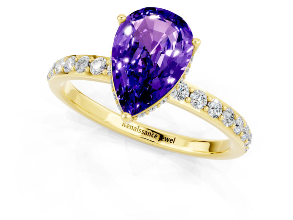 Yellow gold Pear Cut Tanzanite Solitaire Ring with Pavé Band and Hidden Halo