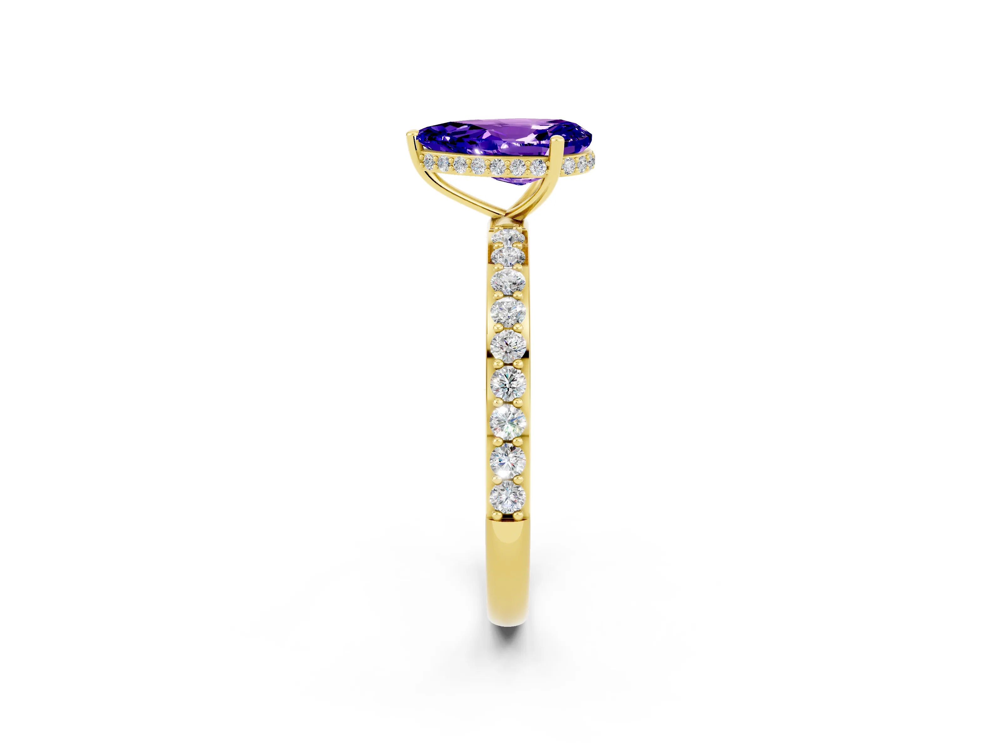 Yellow gold Pear Cut Tanzanite Solitaire Ring with Pavé Band and Hidden Halo_14
