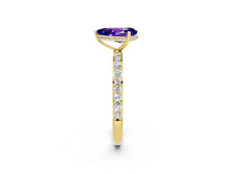 Yellow gold Pear Cut Tanzanite Solitaire Ring with Pavé Band and Hidden Halo_14