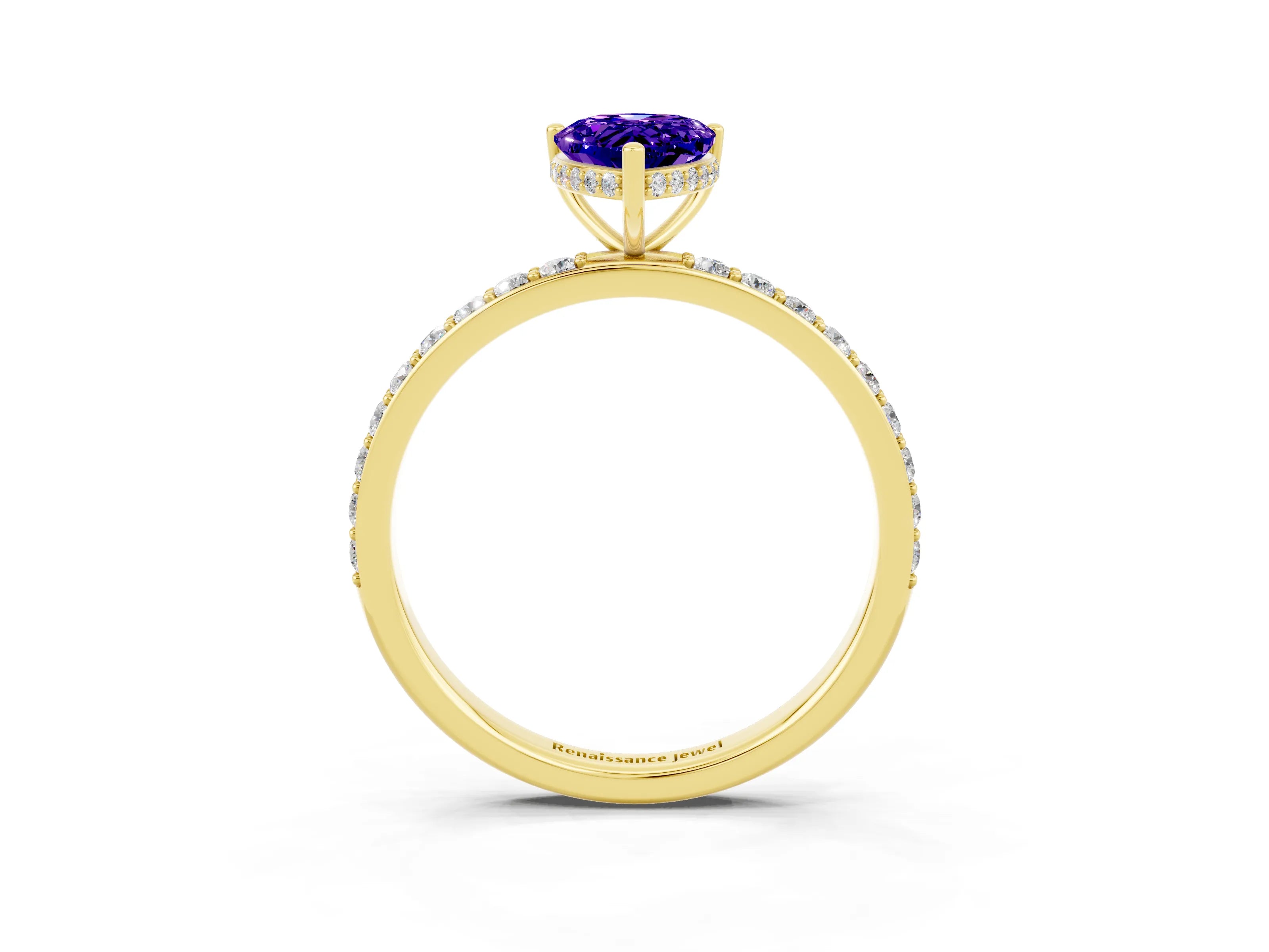 Yellow gold Pear Cut Tanzanite Solitaire Ring with Pavé Band and Hidden Halo_15
