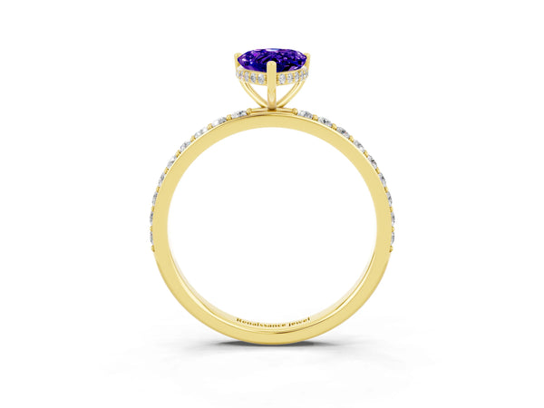 Yellow gold Pear Cut Tanzanite Solitaire Ring with Pavé Band and Hidden Halo