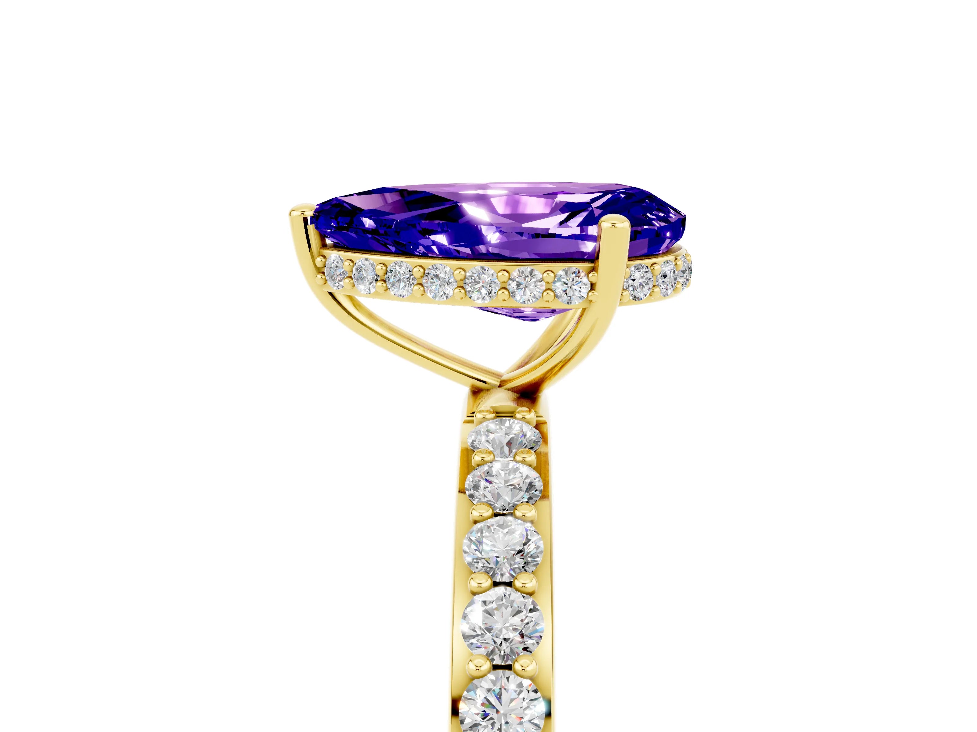 Yellow gold Pear Cut Tanzanite Solitaire Ring with Pavé Band and Hidden Halo_17