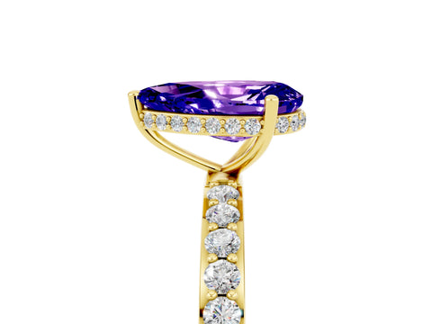 Yellow gold Pear Cut Tanzanite Solitaire Ring with Pavé Band and Hidden Halo_17