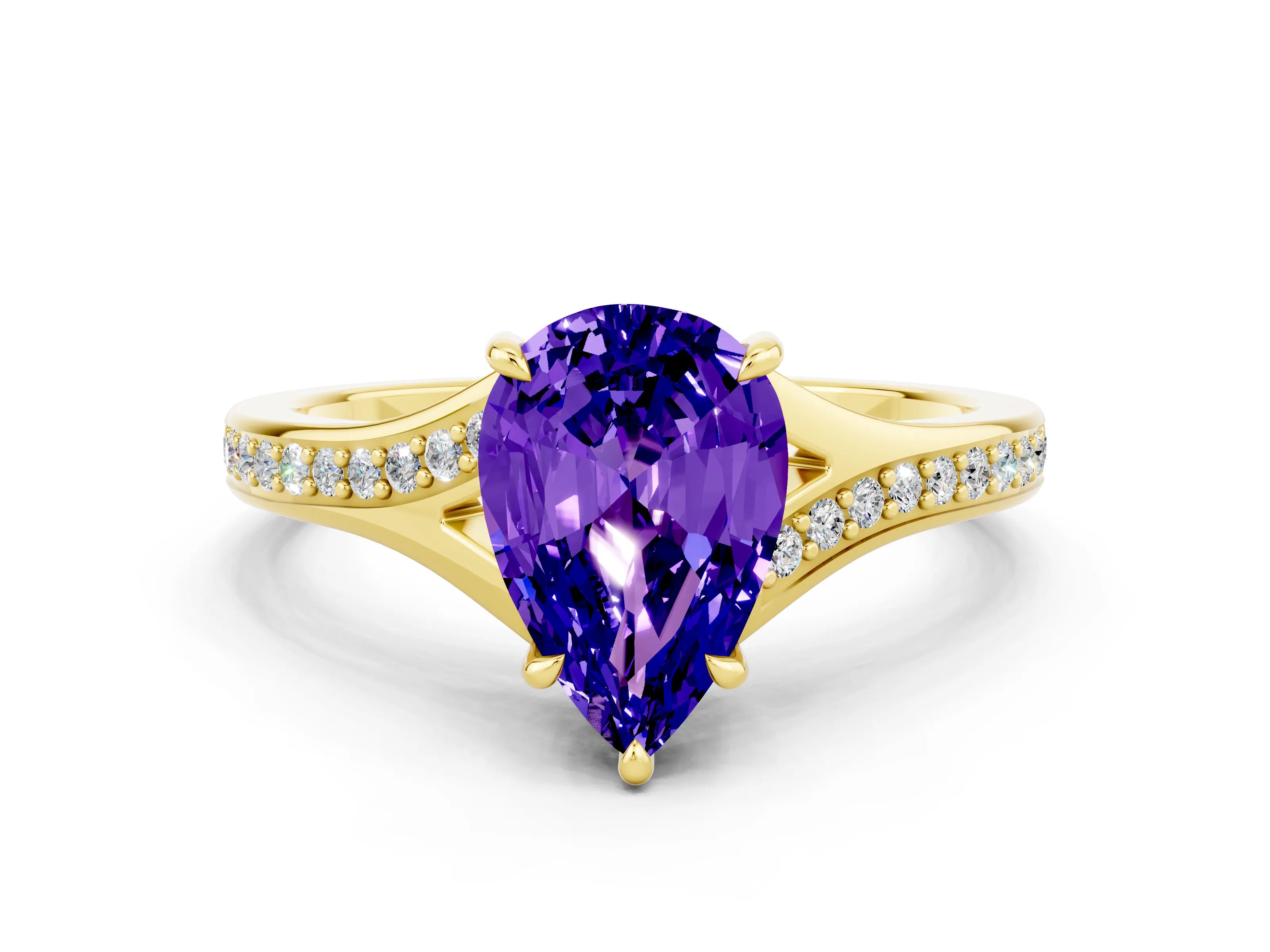 Yellow gold Pear Cut Tanzanite Solitaire Ring with Pavé Band and Prong Setting