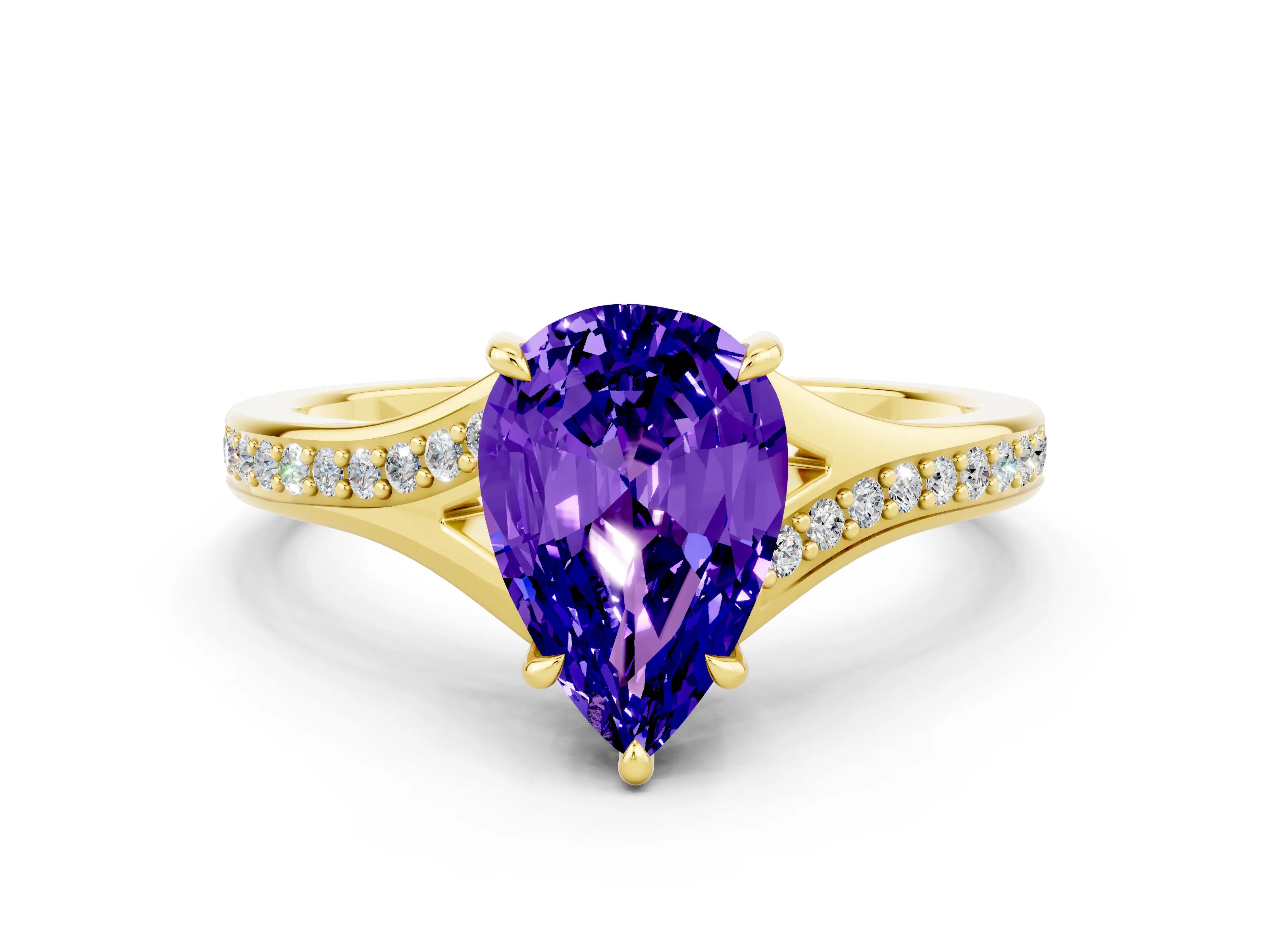 Yellow gold Pear Cut Tanzanite Solitaire Ring with Pavé Band and Prong Setting_12