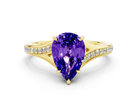 Yellow gold Pear Cut Tanzanite Solitaire Ring with Pavé Band and Prong Setting_12