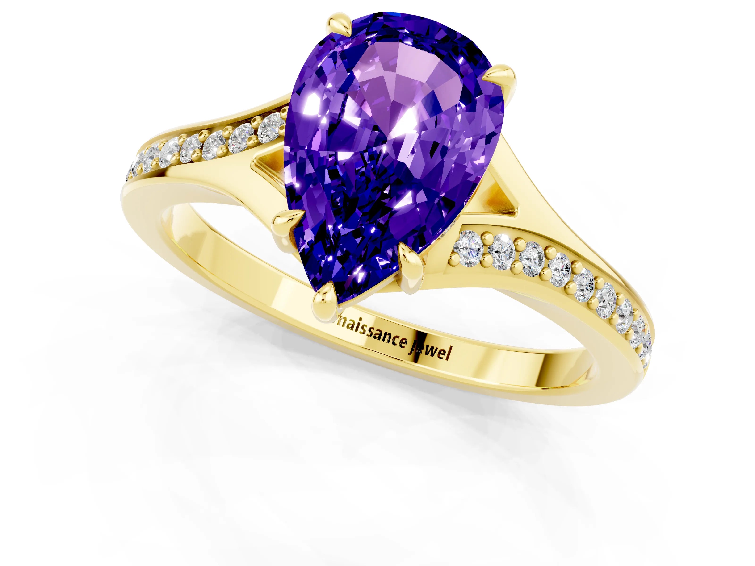 Yellow gold Pear Cut Tanzanite Solitaire Ring with Pavé Band and Prong Setting_13