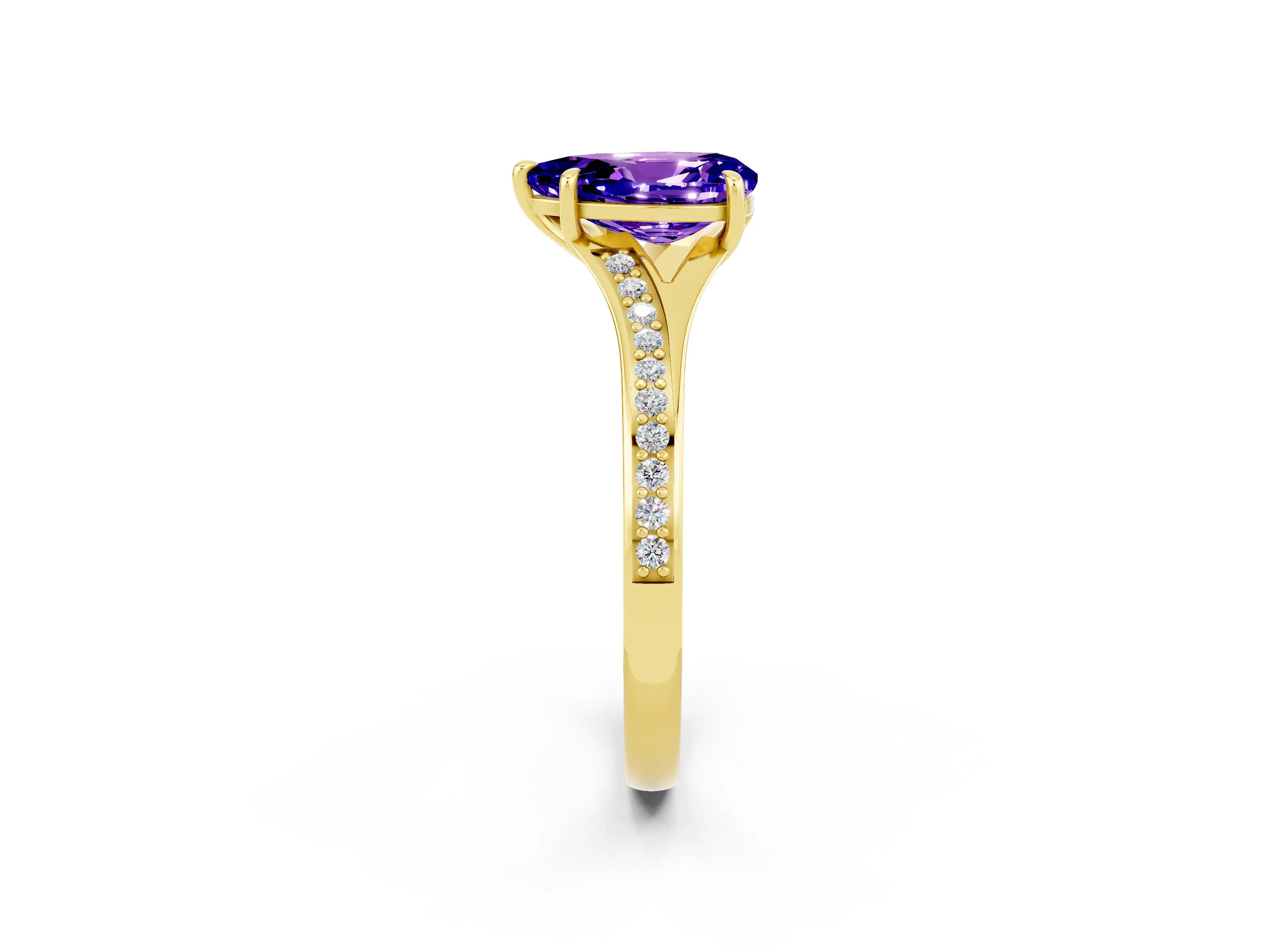 Yellow gold Pear Cut Tanzanite Solitaire Ring with Pavé Band and Prong Setting_14