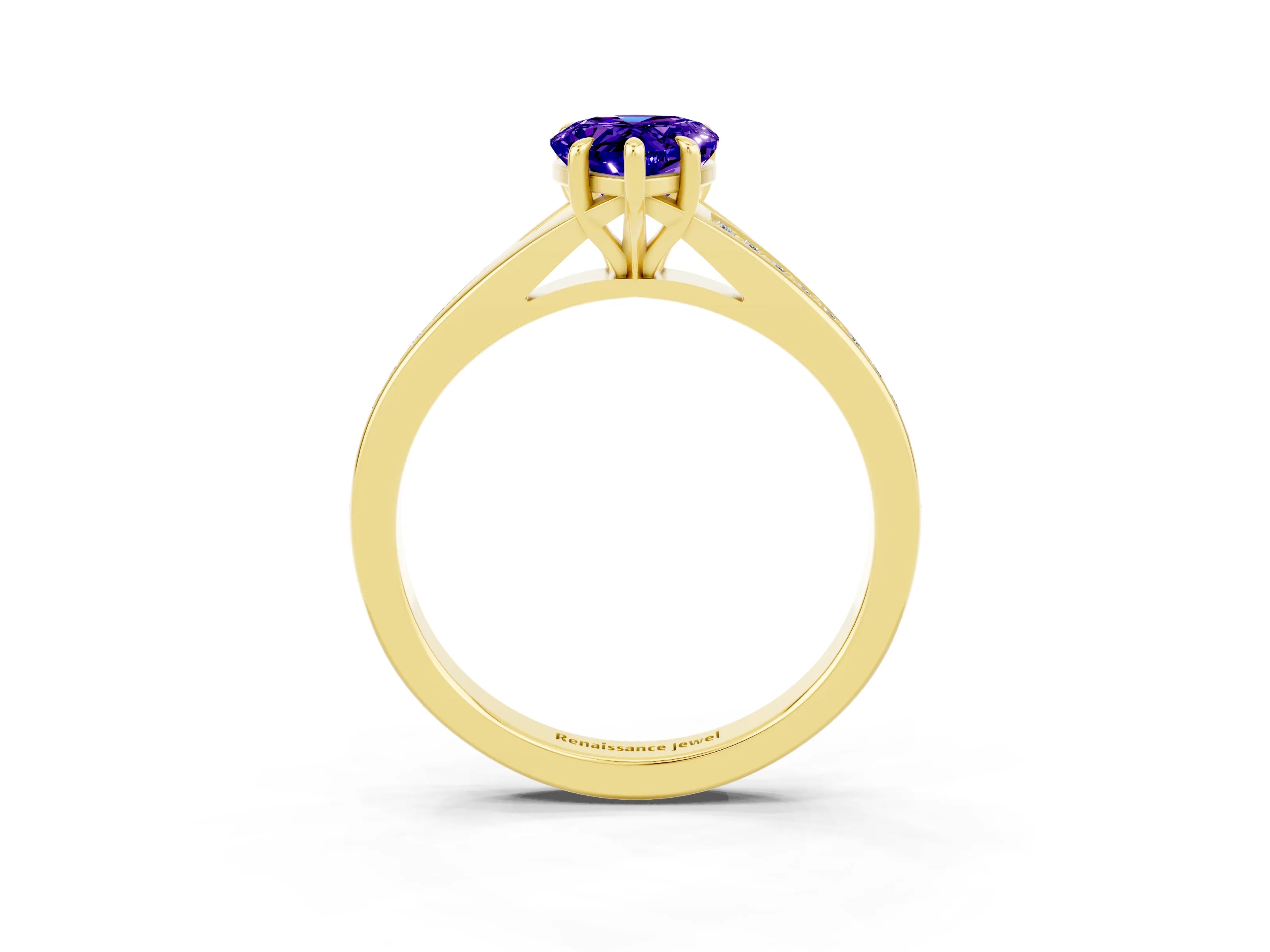 Yellow gold Pear Cut Tanzanite Solitaire Ring with Pavé Band and Prong Setting_15