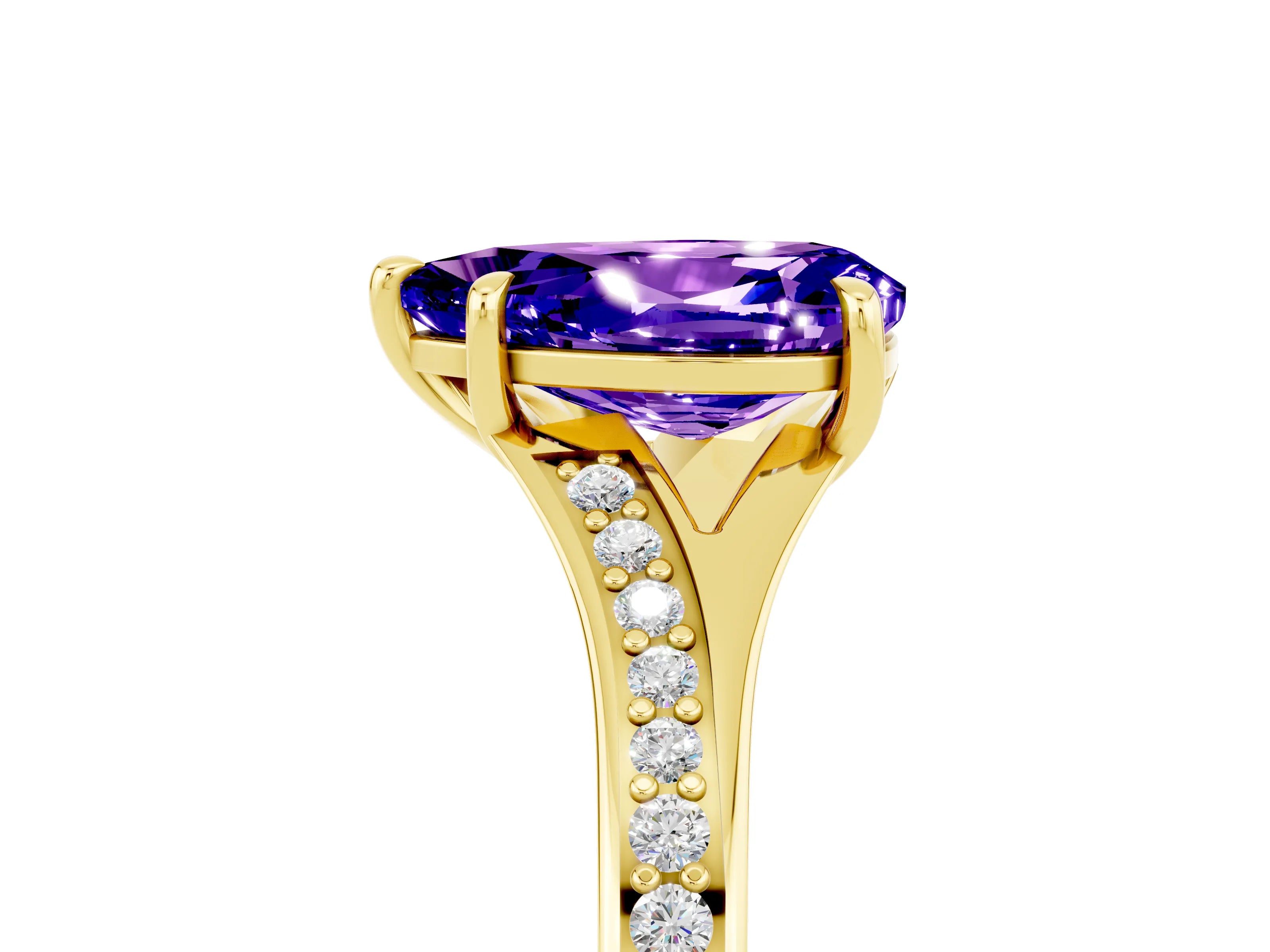 Yellow gold Pear Cut Tanzanite Solitaire Ring with Pavé Band and Prong Setting_17