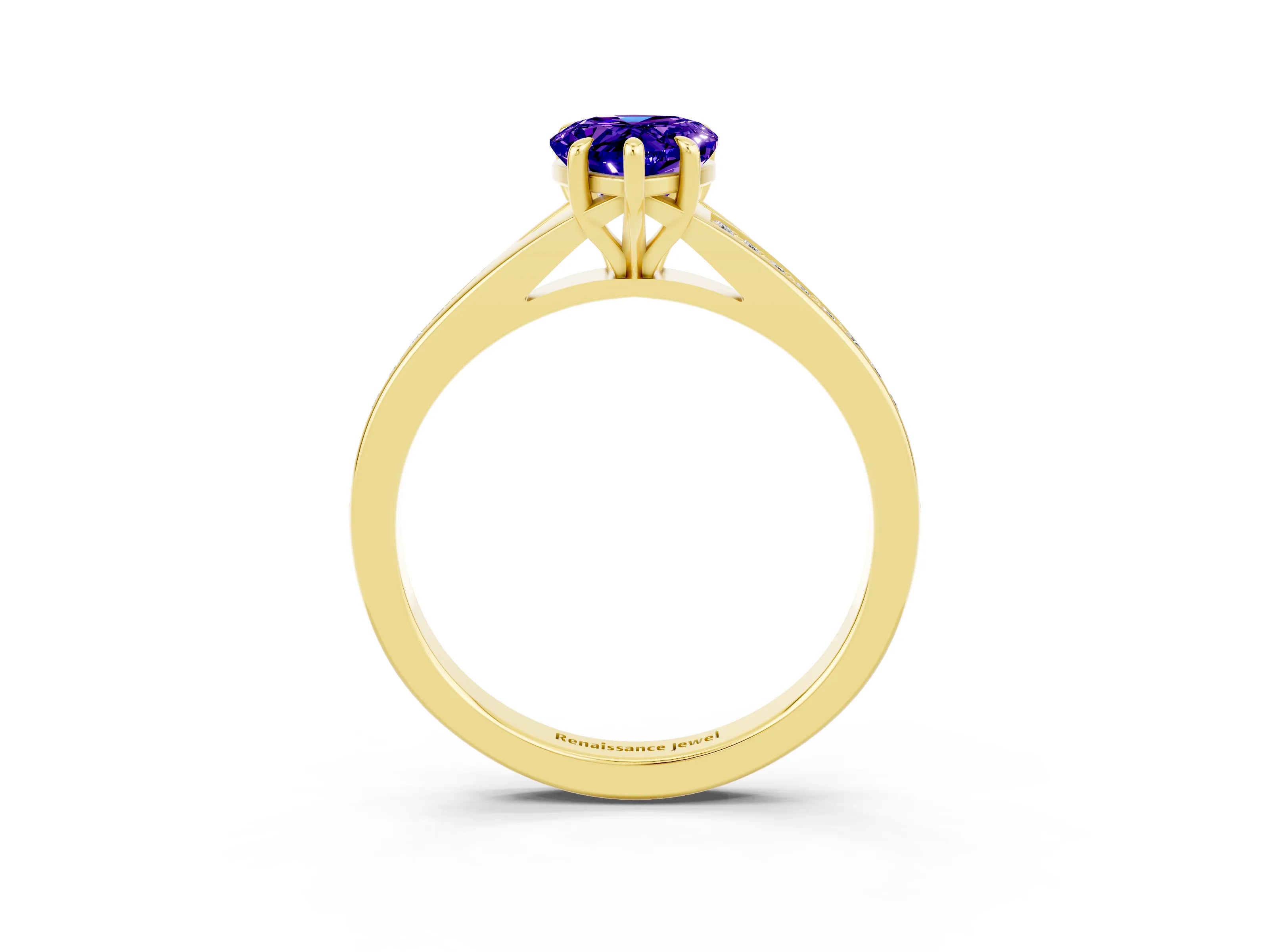 Yellow gold Pear Cut Tanzanite Solitaire Ring with Pavé Band and Prong Setting_3