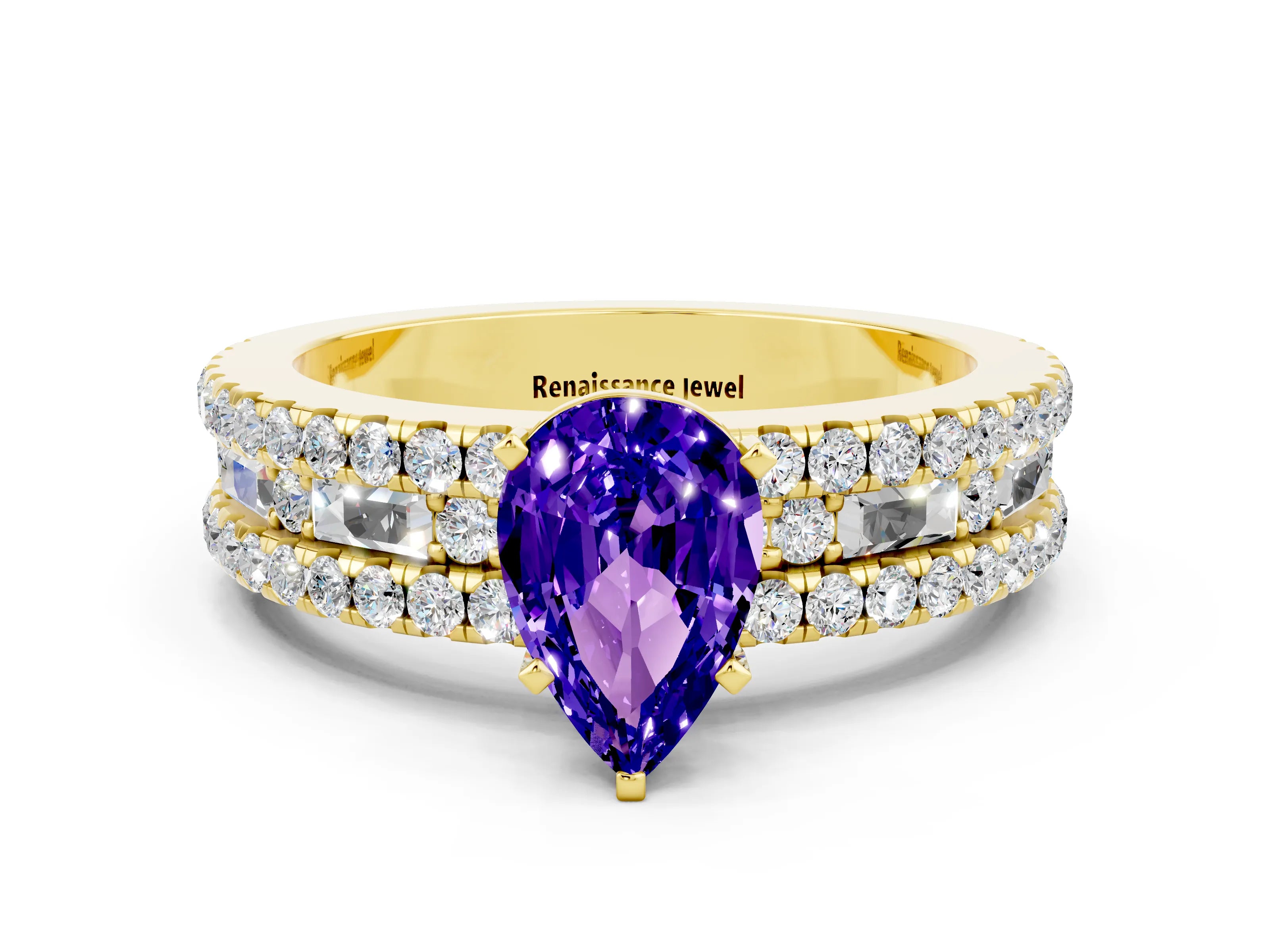 Yellow gold Pear Cut Tanzanite Solitaire Ring with Pavé and Channel Set Band