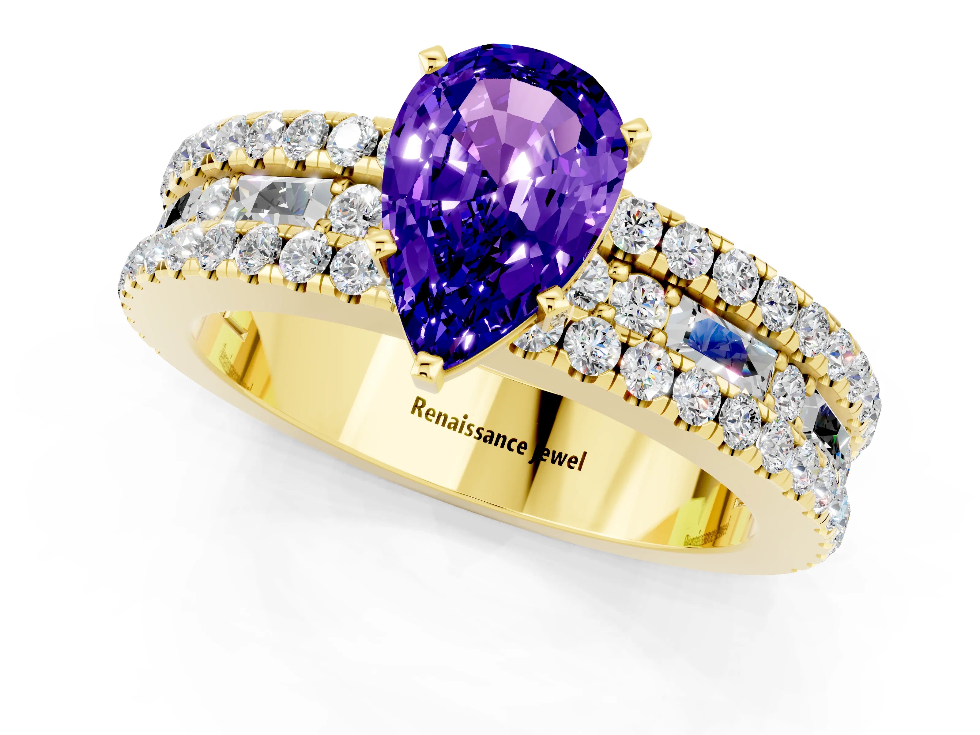 Yellow gold Pear Cut Tanzanite Solitaire Ring with Pavé and Channel Set Band_1
