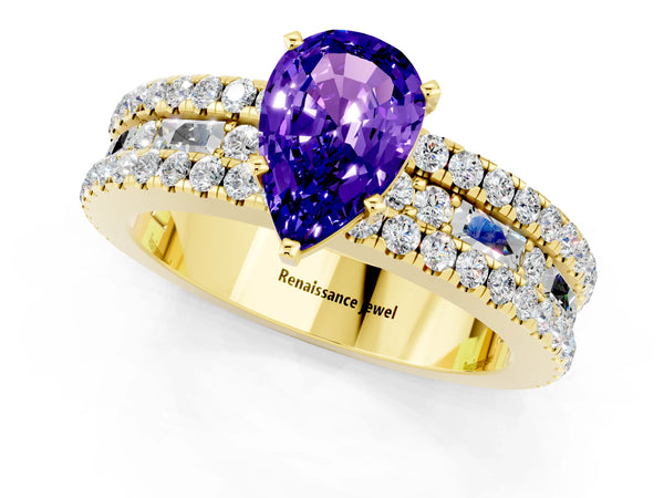 Yellow gold Pear Cut Tanzanite Solitaire Ring with Pavé and Channel Set Band