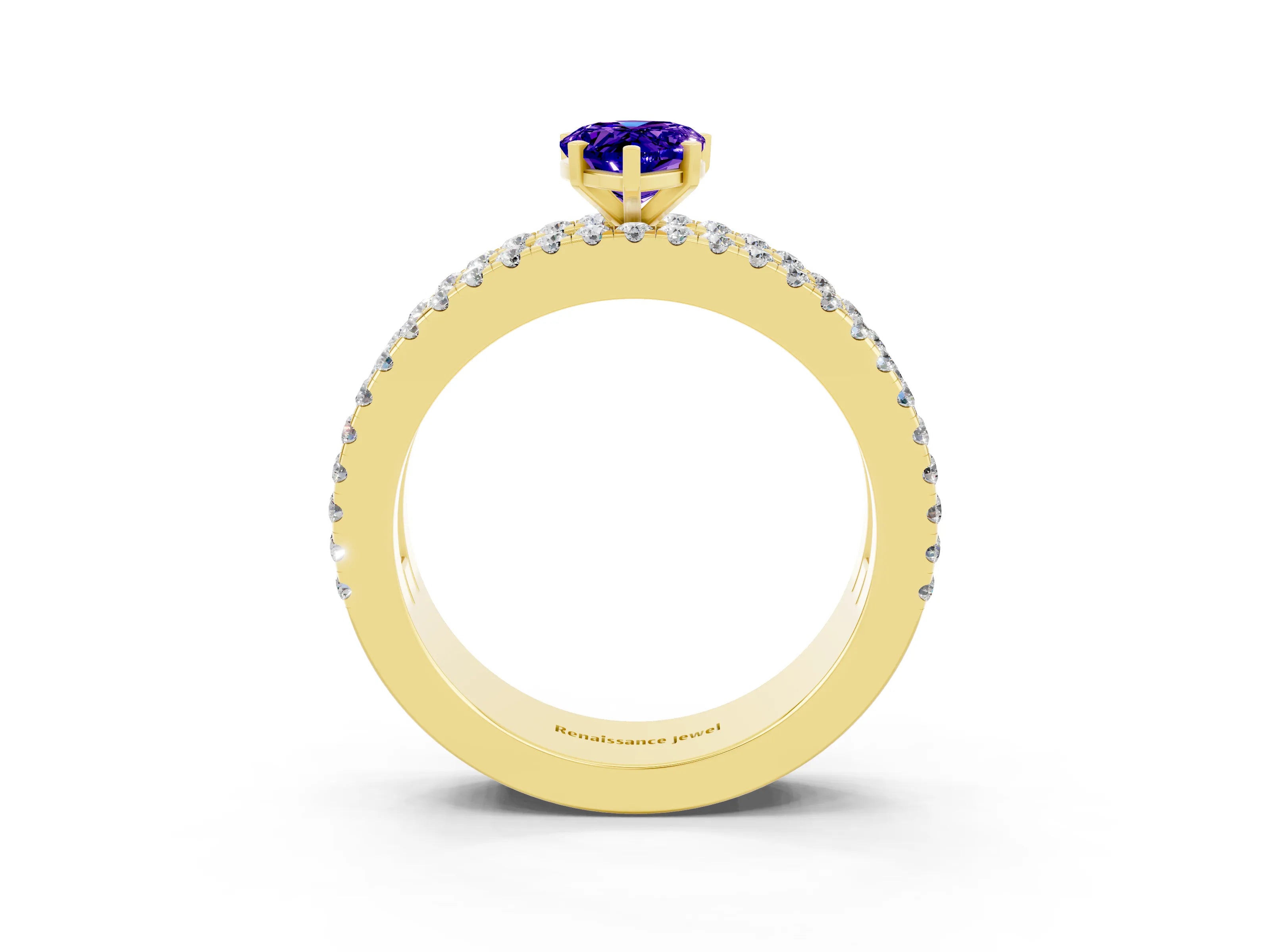 Yellow gold Pear Cut Tanzanite Solitaire Ring with Pavé and Channel Set Band_3